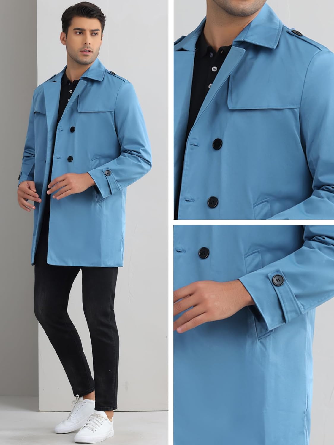 Gabardina Lars Amadeus para hombre, chaqueta larga, cortavientos, solapa con muesca, doble botonadura