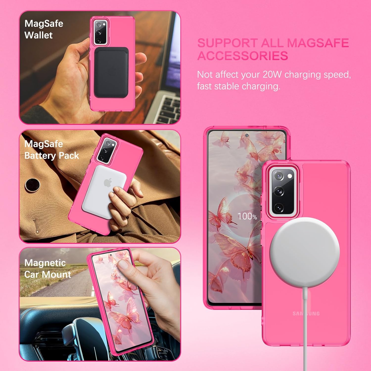 DUEDUE Samsung Galaxy S20 FE ケース マグネット式 [Magsafe対応] 半透明マットバック フルボディ保護カバー 傷防止 耐衝撃 携帯電話ケース Galaxy S20 FE 4G/5G用 ホットピンク