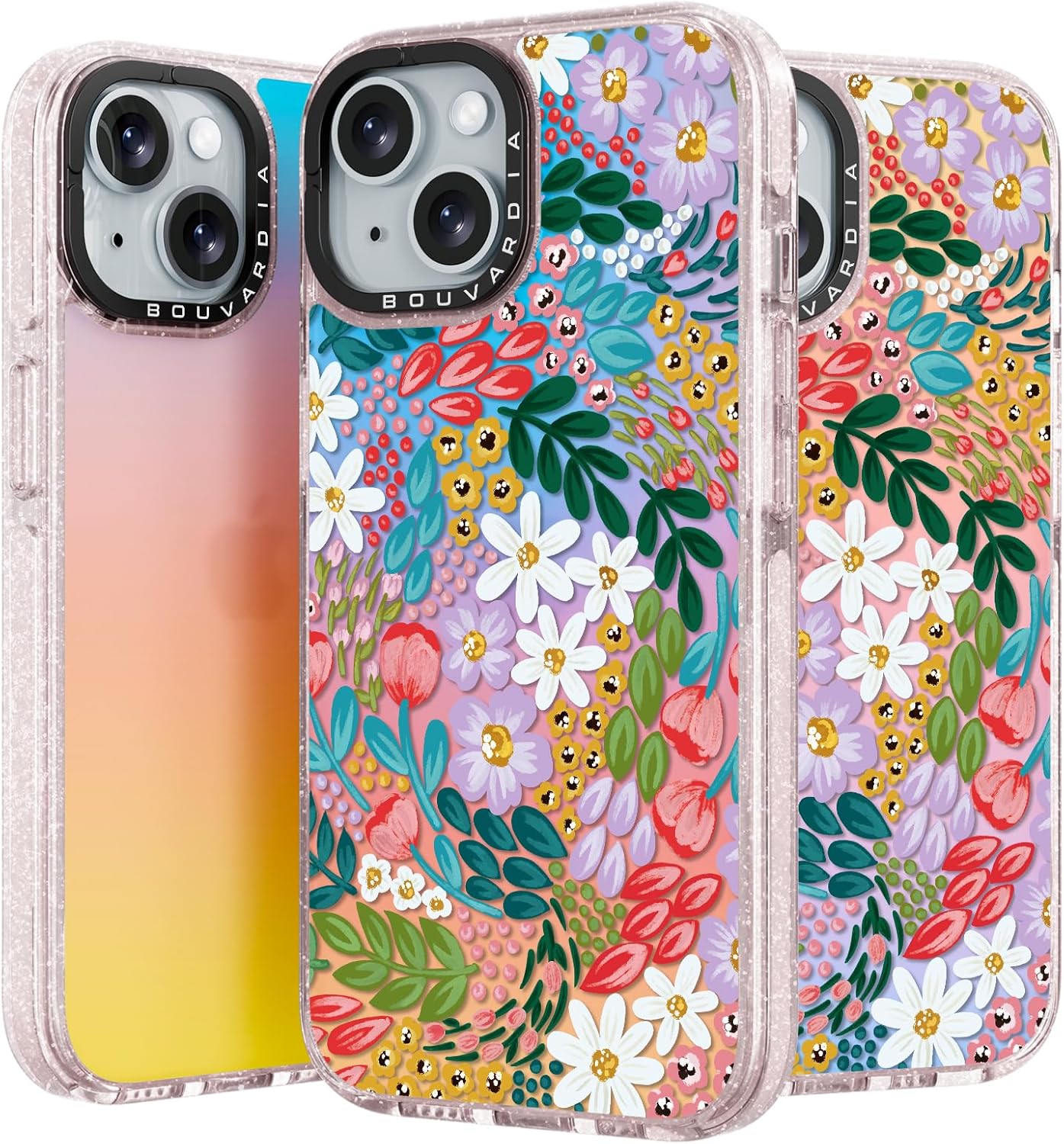 Bouvardia for iPhone 15 Case Cute Aesthetic,Girly Shockproof Fluorescent Phone Cover,Iridescent Translucent Matte Case,Gorgeous Floral Pink Glitter Bumper Design