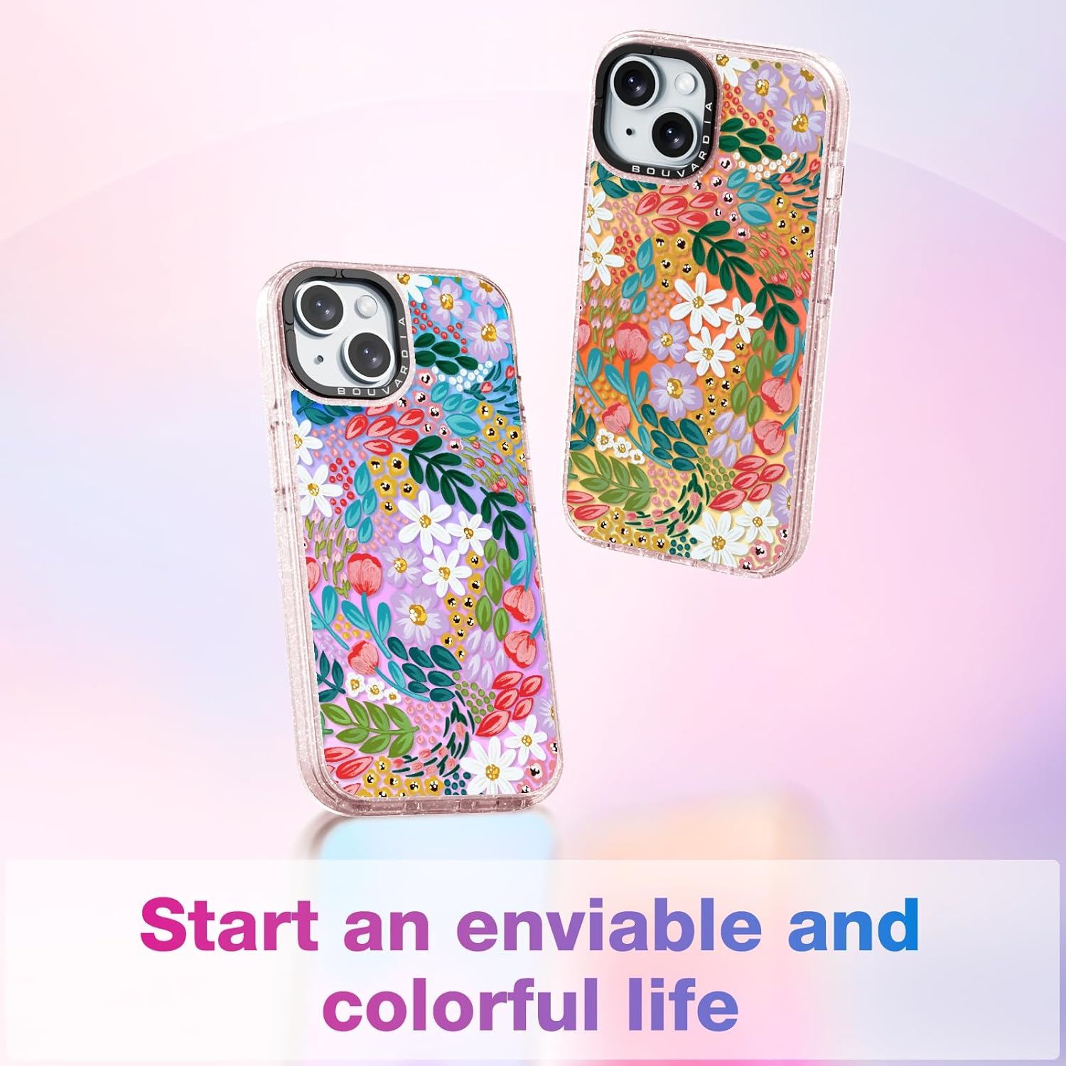 Bouvardia for iPhone 15 Case Cute Aesthetic,Girly Shockproof Fluorescent Phone Cover,Iridescent Translucent Matte Case,Gorgeous Floral Pink Glitter Bumper Design