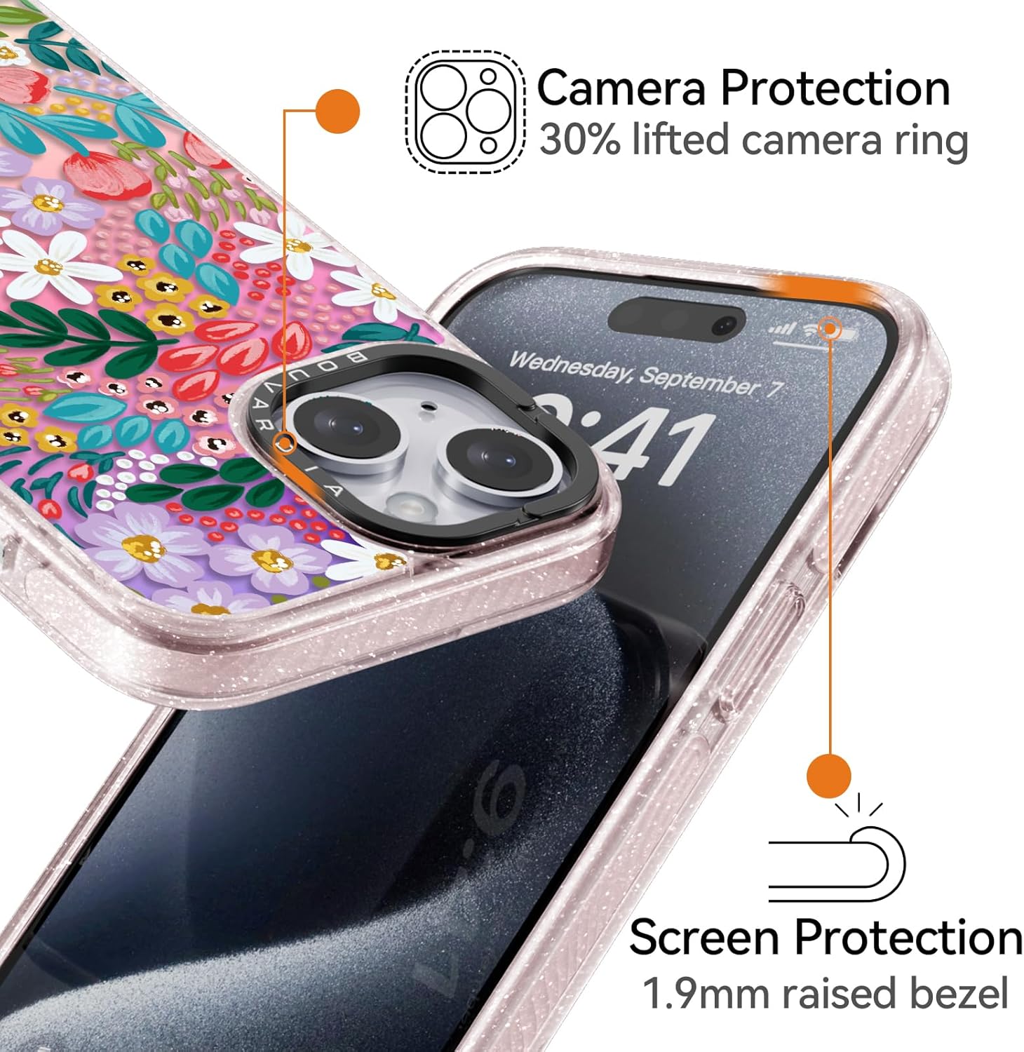 Bouvardia for iPhone 15 Case Cute Aesthetic,Girly Shockproof Fluorescent Phone Cover,Iridescent Translucent Matte Case,Gorgeous Floral Pink Glitter Bumper Design