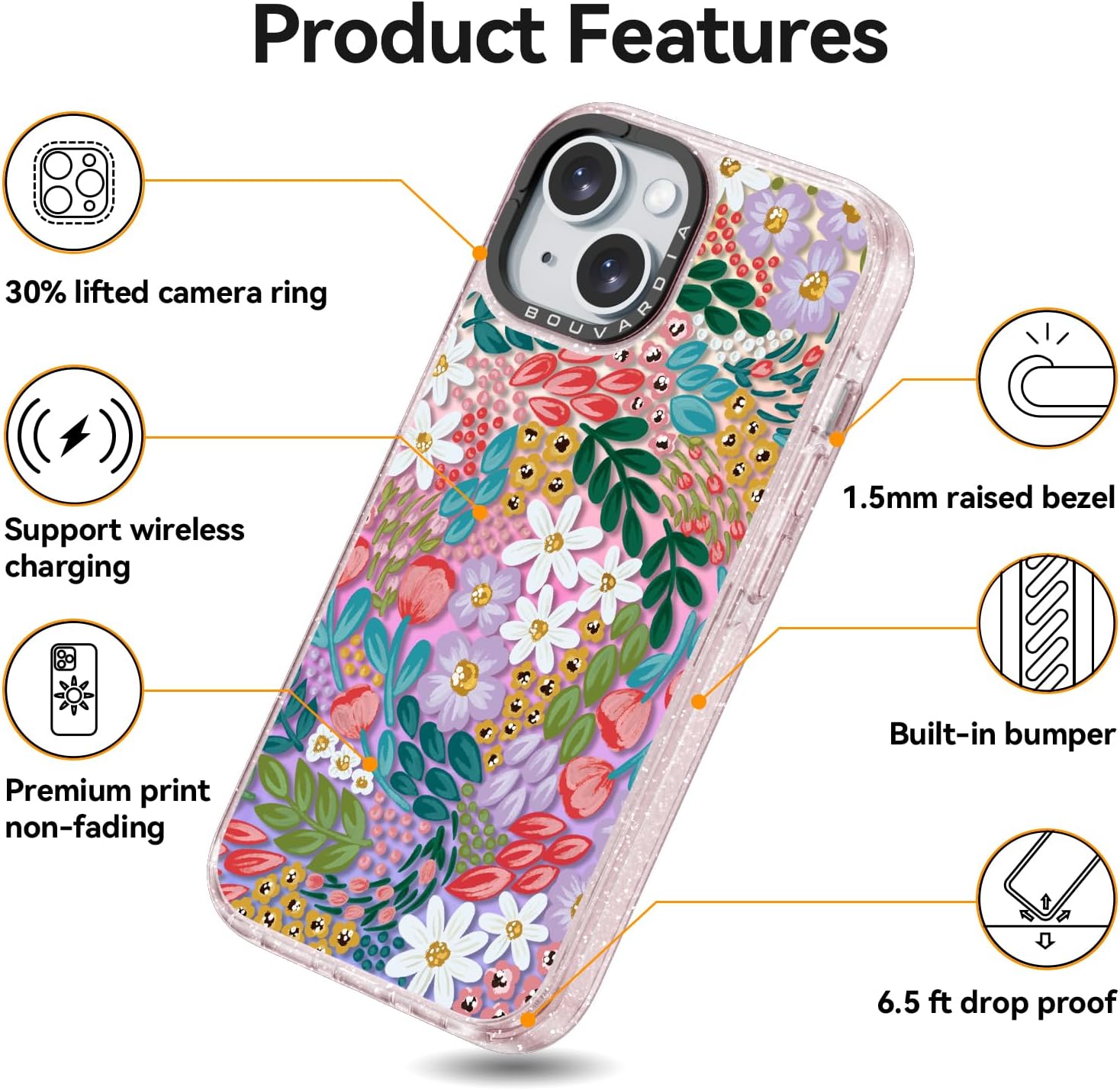 Bouvardia for iPhone 15 Case Cute Aesthetic,Girly Shockproof Fluorescent Phone Cover,Iridescent Translucent Matte Case,Gorgeous Floral Pink Glitter Bumper Design