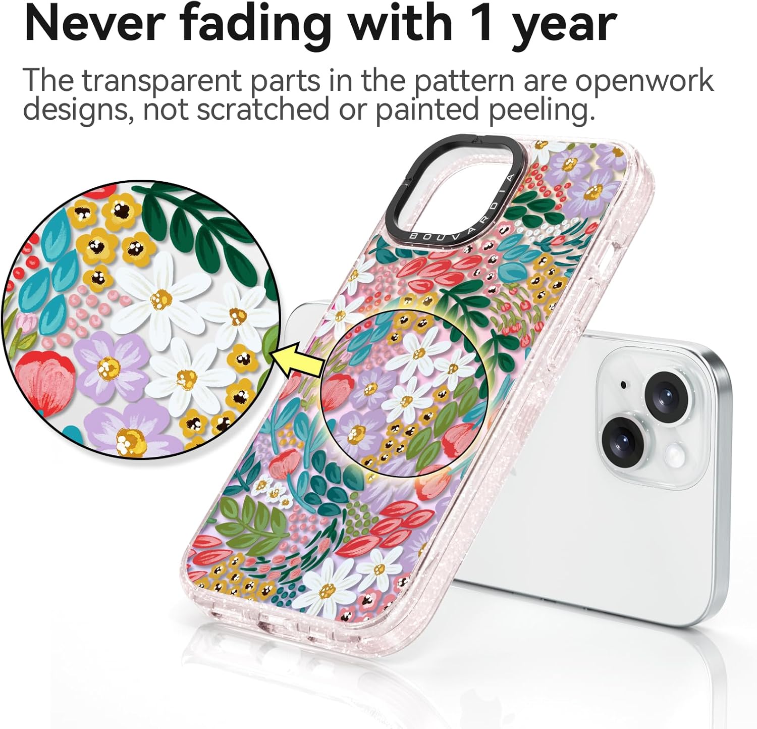 Bouvardia for iPhone 15 Case Cute Aesthetic,Girly Shockproof Fluorescent Phone Cover,Iridescent Translucent Matte Case,Gorgeous Floral Pink Glitter Bumper Design