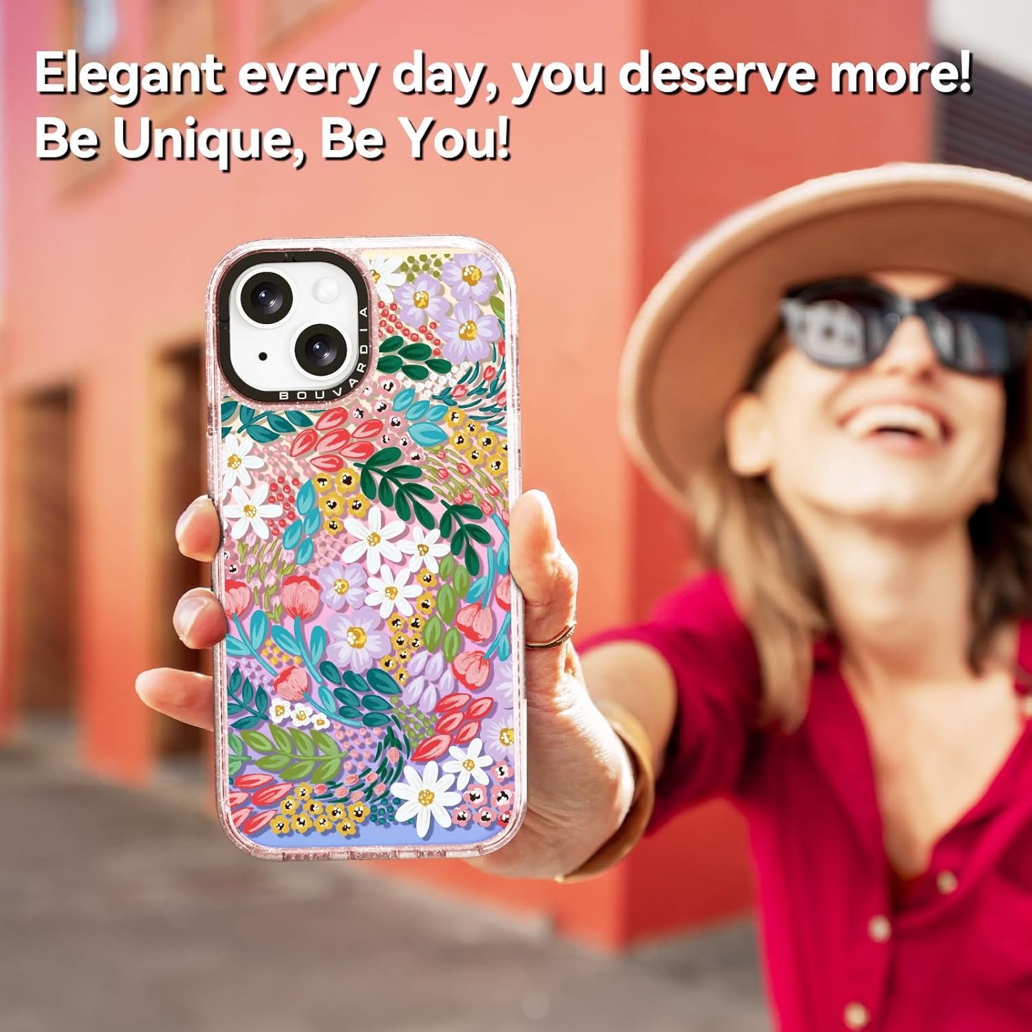 Bouvardia for iPhone 15 Case Cute Aesthetic,Girly Shockproof Fluorescent Phone Cover,Iridescent Translucent Matte Case,Gorgeous Floral Pink Glitter Bumper Design