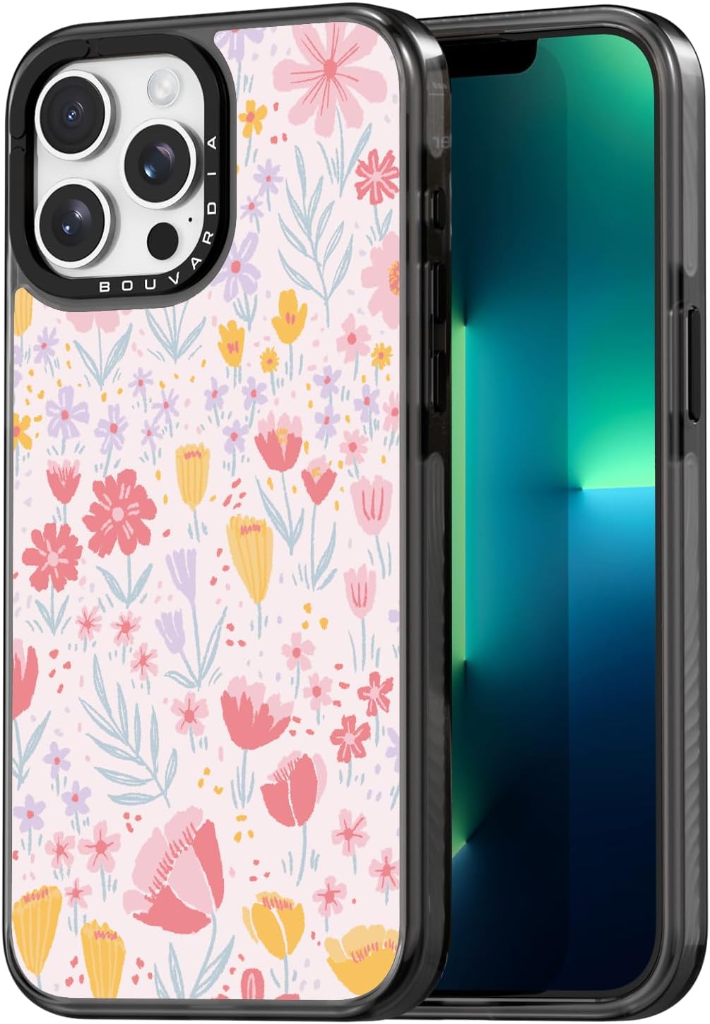 Bouvardia for iPhone 13 Pro Max Case Cute Aesthetic,Black Girly Shockproof Floral Phone Cover for Women Girls Men,Pink Floral Design