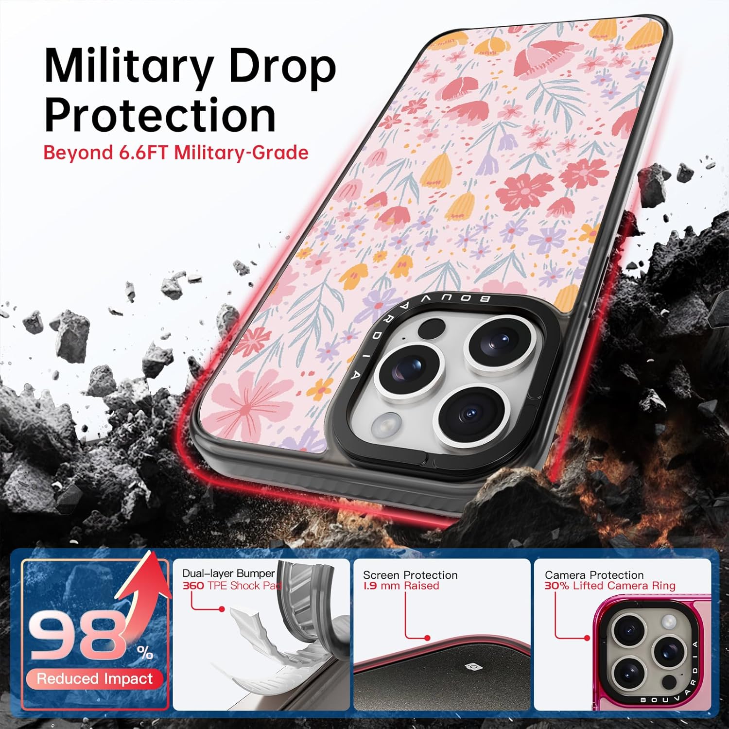 Funda Bouvardia para iPhone 13 Pro Max, bonita estética, negra, femenina, a prueba de golpes, floral, para mujer, niña y hombre, diseño floral rosa