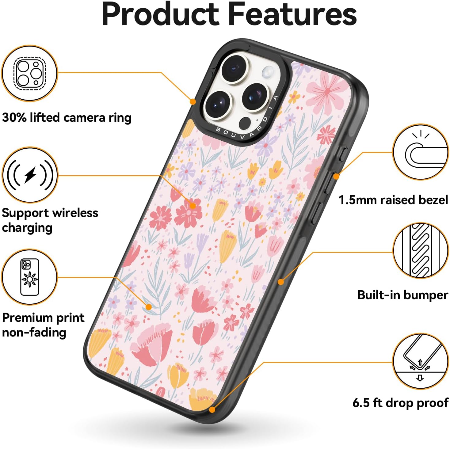 Funda Bouvardia para iPhone 13 Pro Max, bonita estética, negra, femenina, a prueba de golpes, floral, para mujer, niña y hombre, diseño floral rosa