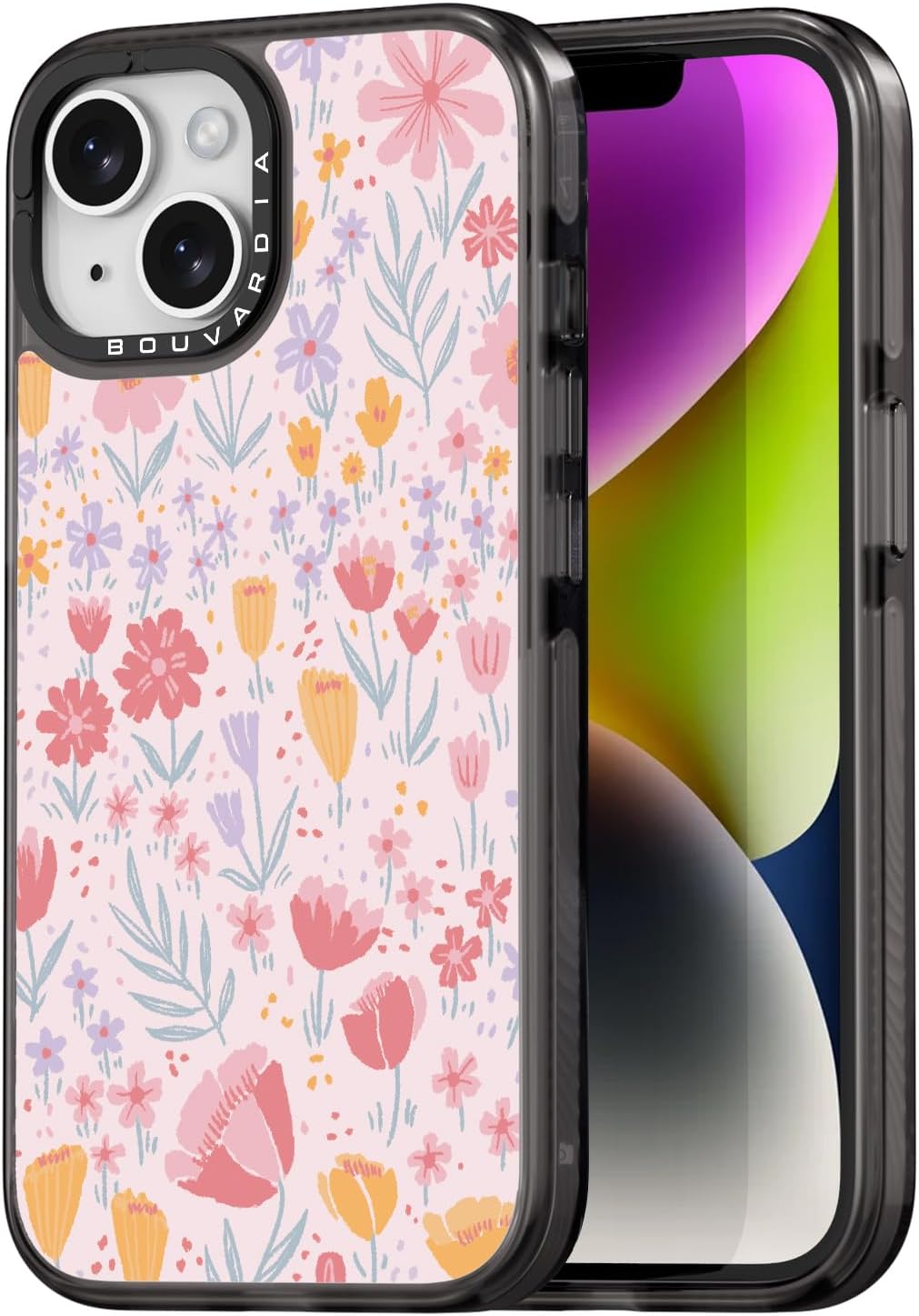 Bouvardia for iPhone 14 케이스 귀여운 미학, 검은색 여성스러운 충격 방지 꽃 무늬 전화 커버 여성 소녀 남성, 핑크색 꽃 무늬 디자인