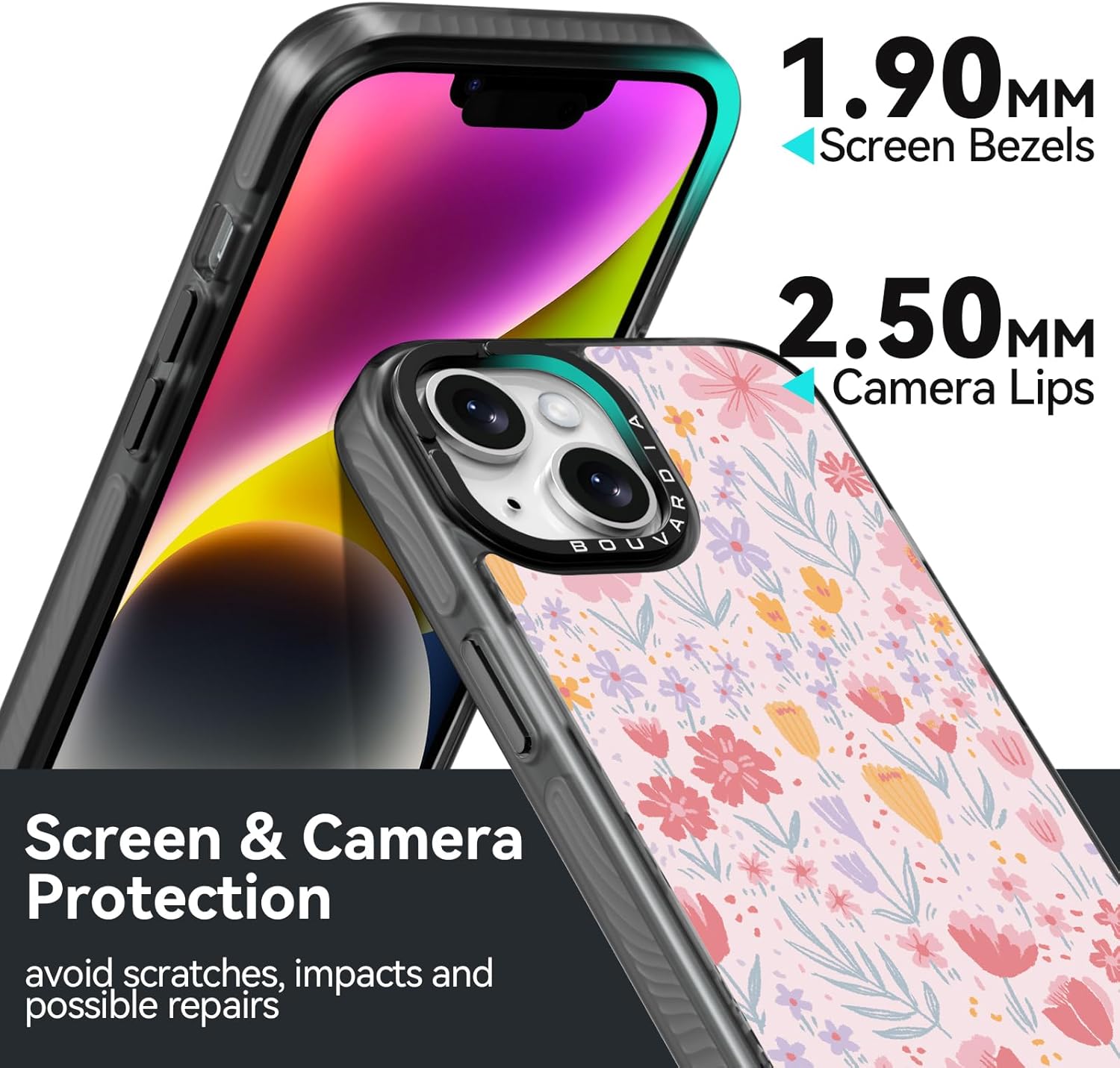 Bouvardia iPhone 14 Kılıfı Sevimli Estetik, Siyah Girly Darbeye Dayanıklı Çiçekli Telefon Kılıfı Kadın Kız Erkekler için, Pembe Çiçek Tasarımı