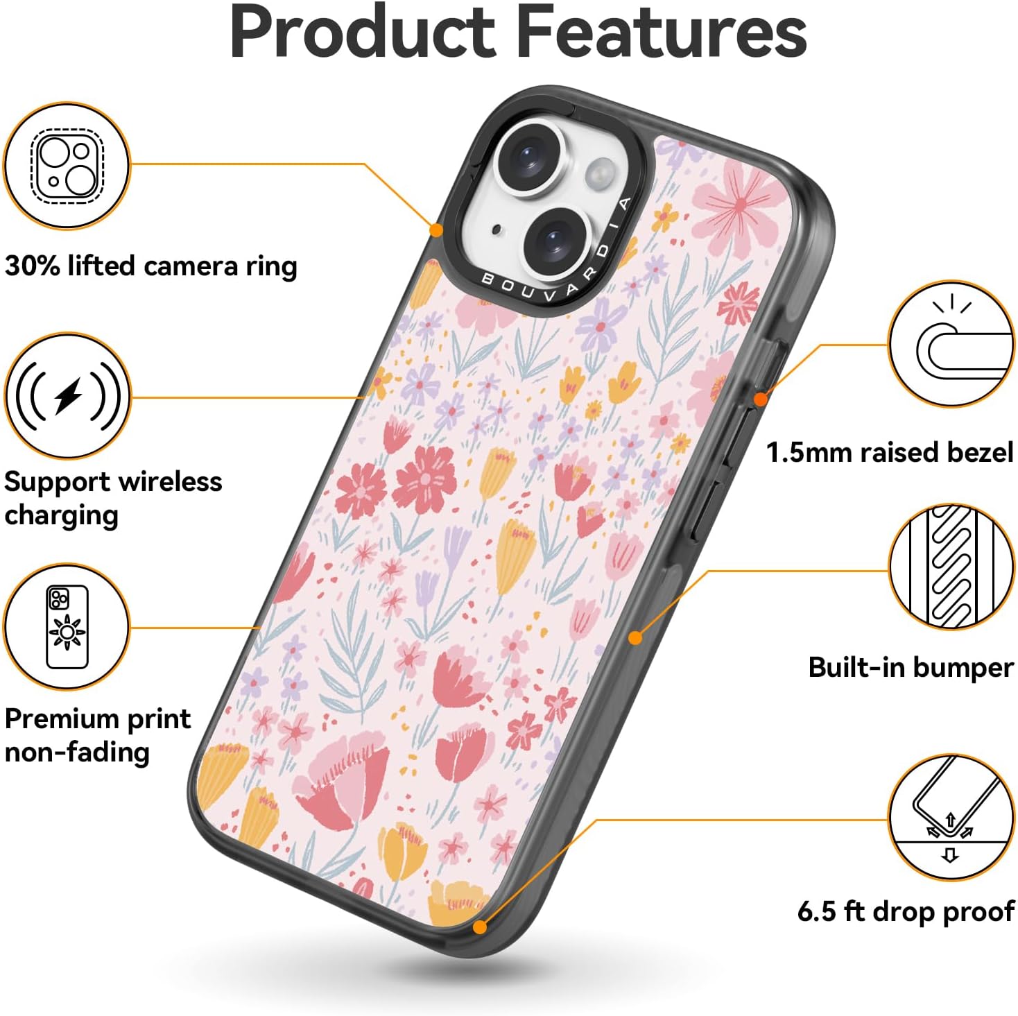 Bouvardia iPhone 14 Kılıfı Sevimli Estetik, Siyah Girly Darbeye Dayanıklı Çiçekli Telefon Kılıfı Kadın Kız Erkekler için, Pembe Çiçek Tasarımı