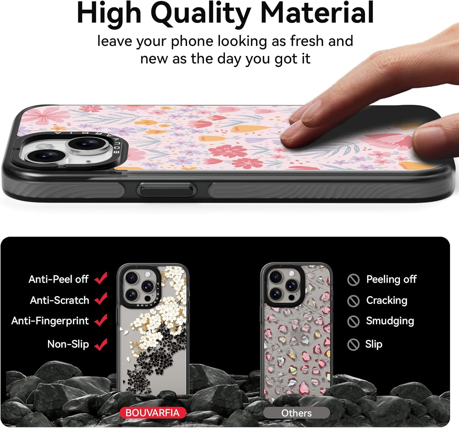 Bouvardia iPhone 14 Kılıfı Sevimli Estetik, Siyah Girly Darbeye Dayanıklı Çiçekli Telefon Kılıfı Kadın Kız Erkekler için, Pembe Çiçek Tasarımı