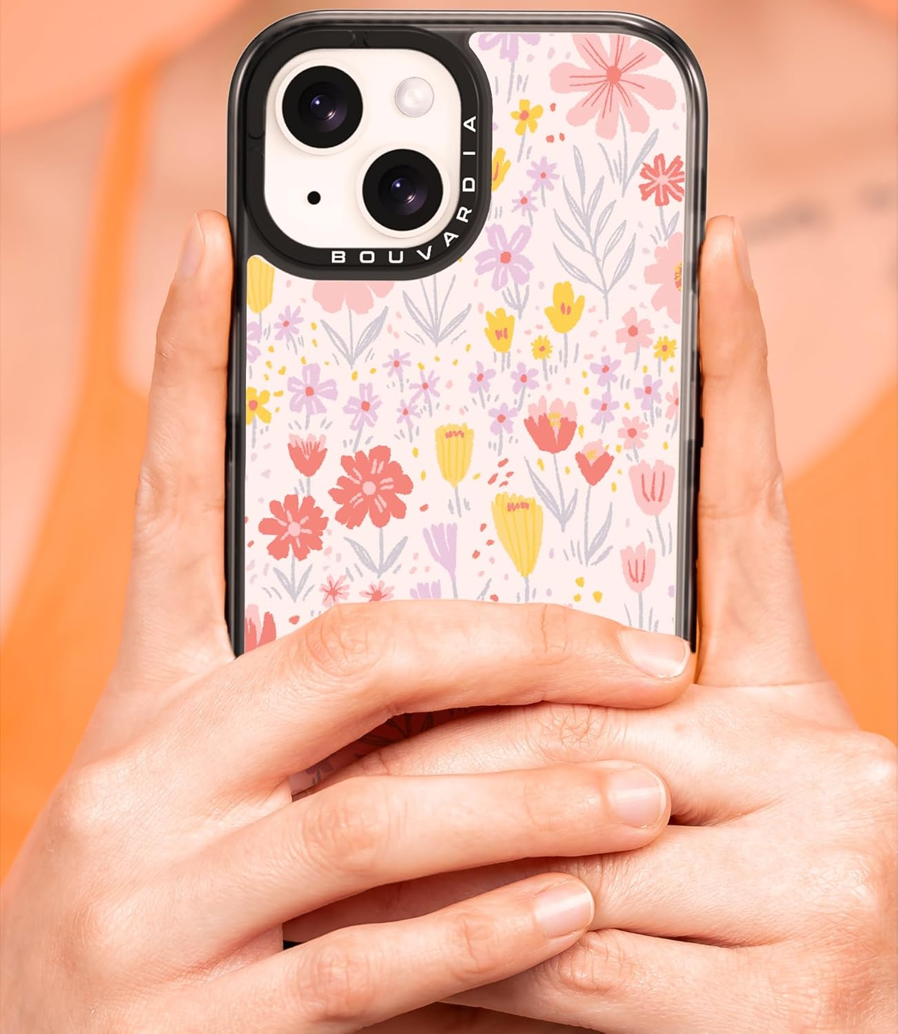 Bouvardia iPhone 14 Kılıfı Sevimli Estetik, Siyah Girly Darbeye Dayanıklı Çiçekli Telefon Kılıfı Kadın Kız Erkekler için, Pembe Çiçek Tasarımı