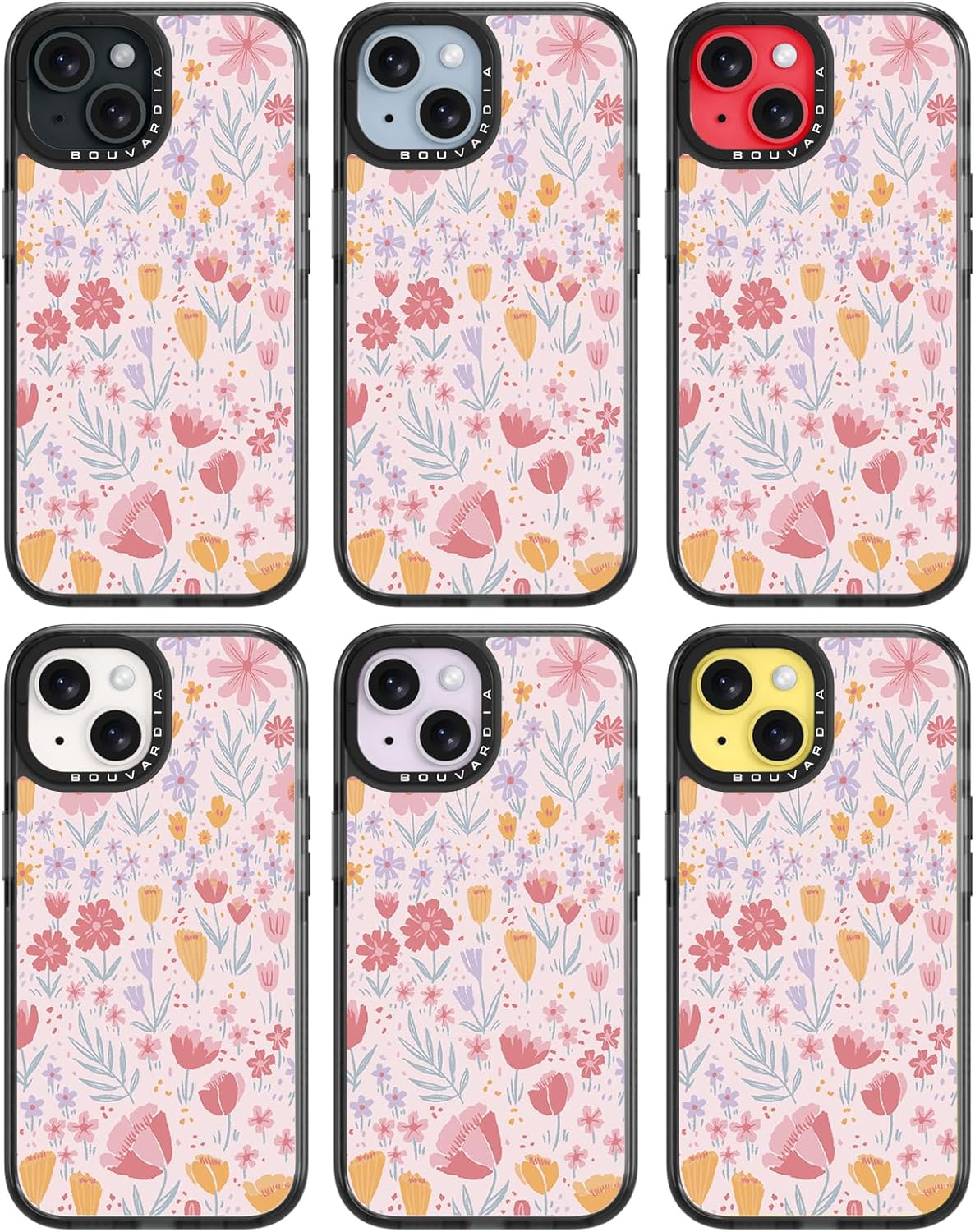 Bouvardia iPhone 14 Kılıfı Sevimli Estetik, Siyah Girly Darbeye Dayanıklı Çiçekli Telefon Kılıfı Kadın Kız Erkekler için, Pembe Çiçek Tasarımı