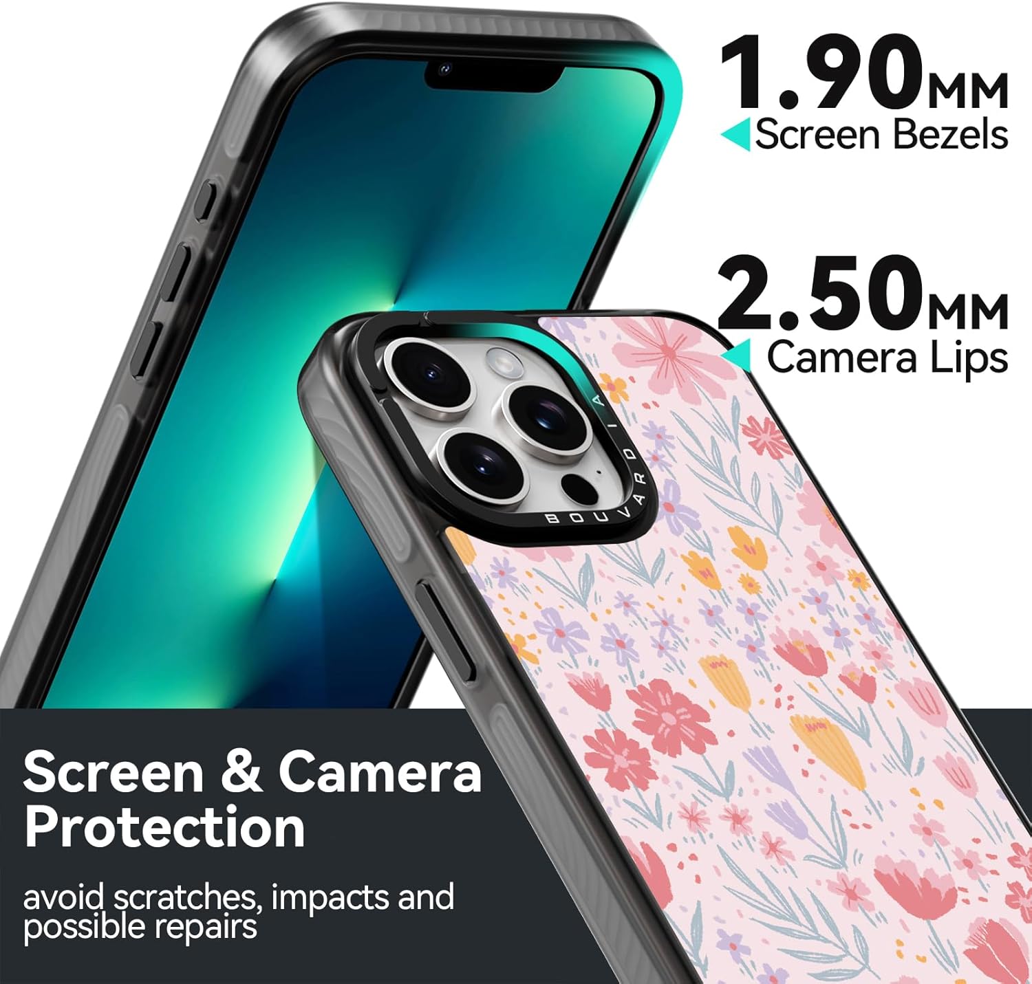 جراب Bouvardia لهاتف iPhone 13 Pro، جراب هاتف مقاوم للصدمات بتصميم زهور لطيف وجميل باللون الأسود للفتيات والرجال، تصميم زهور وردية
