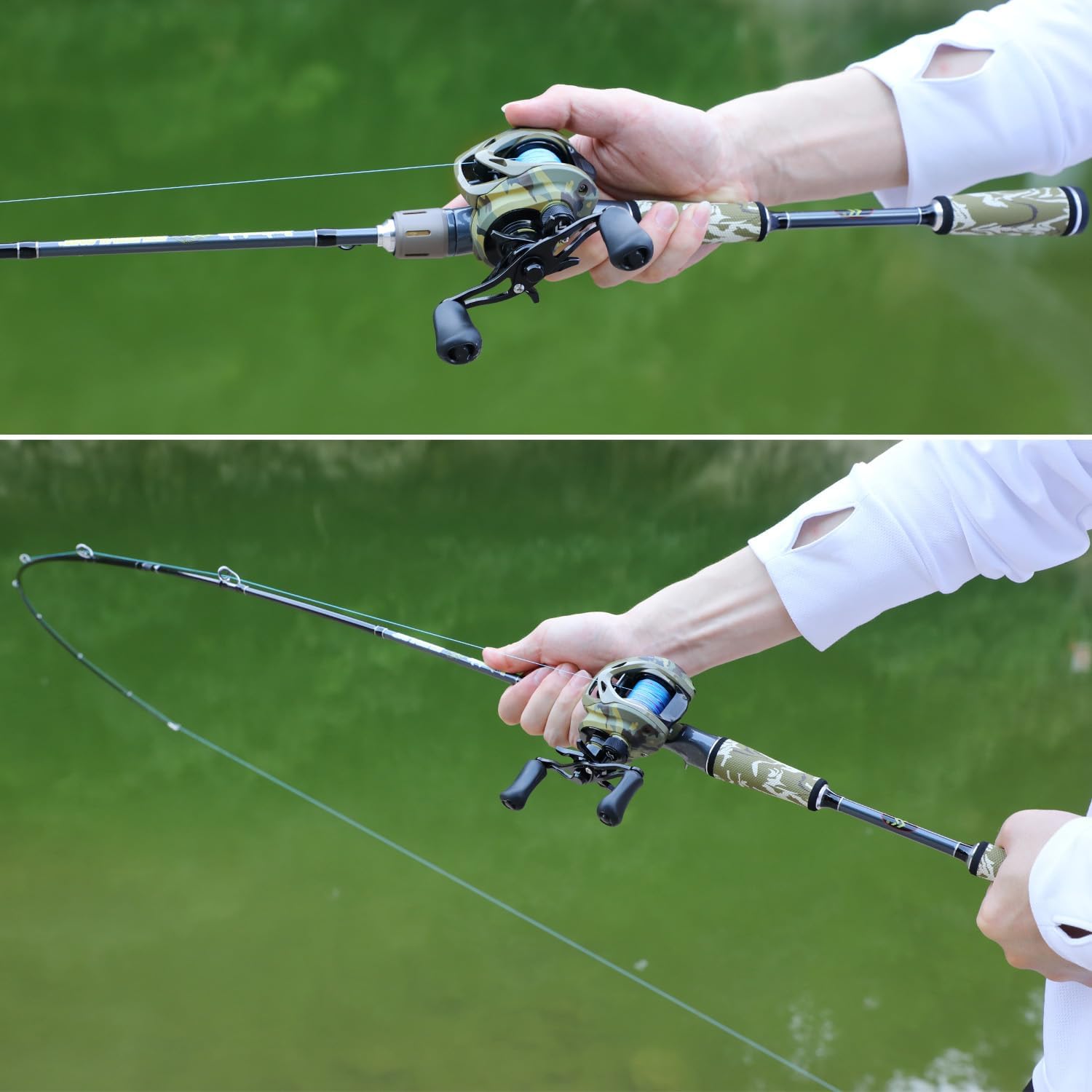 Sougayilang Baitcaster Combo, 30Ton 24Ton Graphite 2-Piece Blanks Casting Fishing Rod,SuperPolymer Handle,“S” Style Hook Keeper with Camo Baitcasting Reel · v3