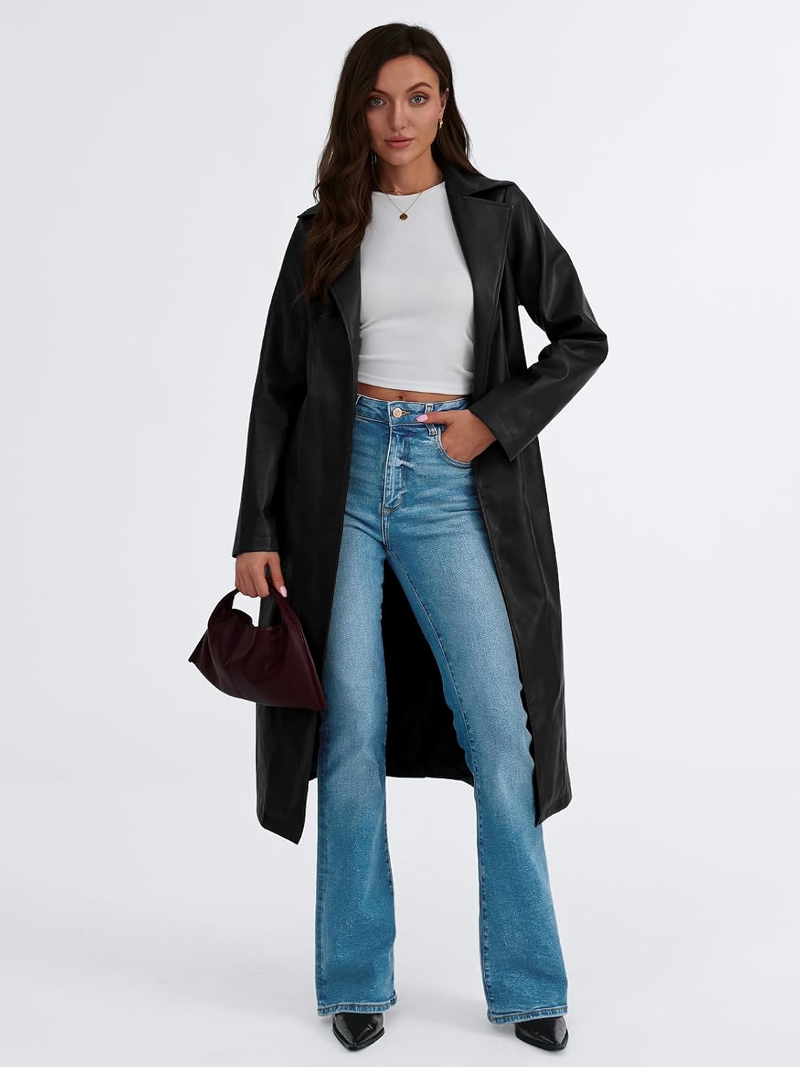 Trendy Queen Womens Long Leather Jackets Trench Coat Blazer Lapel Faux Open Front with Belt · v9