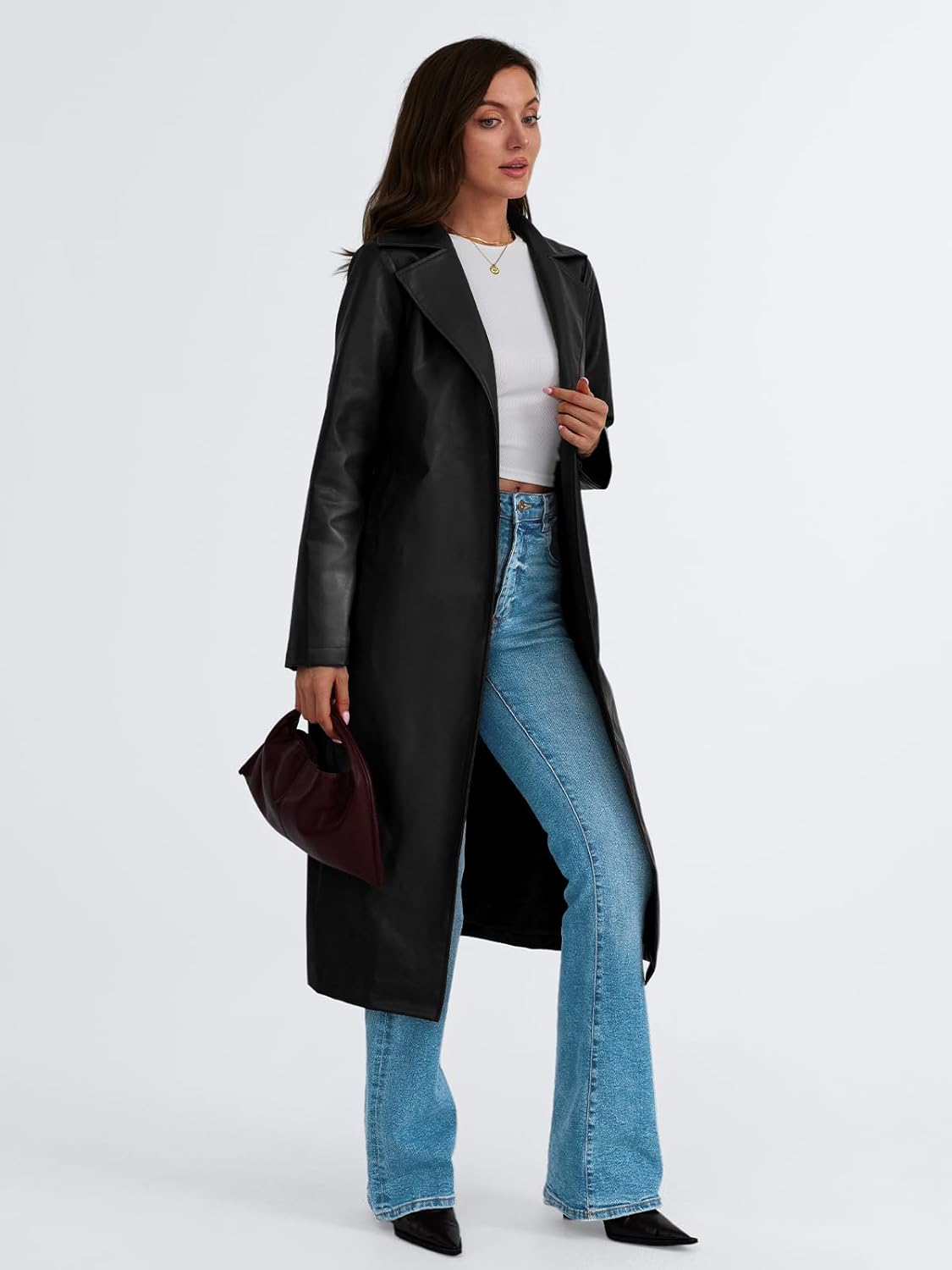 Trendy Queen Womens Long Leather Jackets Trench Coat Blazer Lapel Faux Open Front with Belt · v9