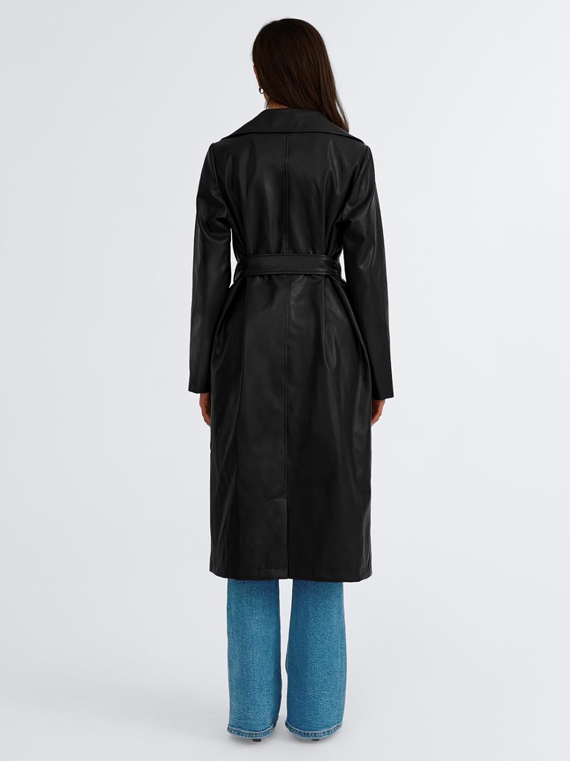 Trendy Queen Womens Long Leather Jackets Trench Coat Blazer Lapel Faux Open Front with Belt · v9
