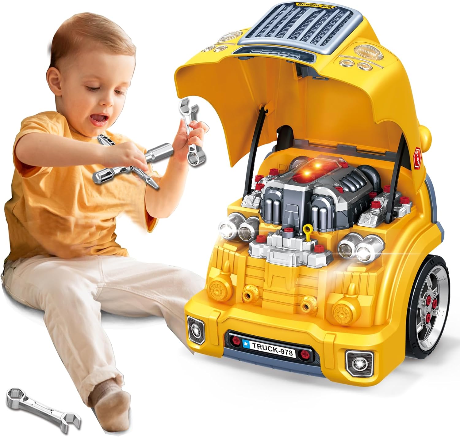 MUGEYMYD Large Truck Engine Toy for Kids 3-5, Take Apart Motor Vehicle Pretend Play Car with Light and Sound, Kids Mechanic Workshop Set, Toy Engine Building Kit for Toddlers. · v5