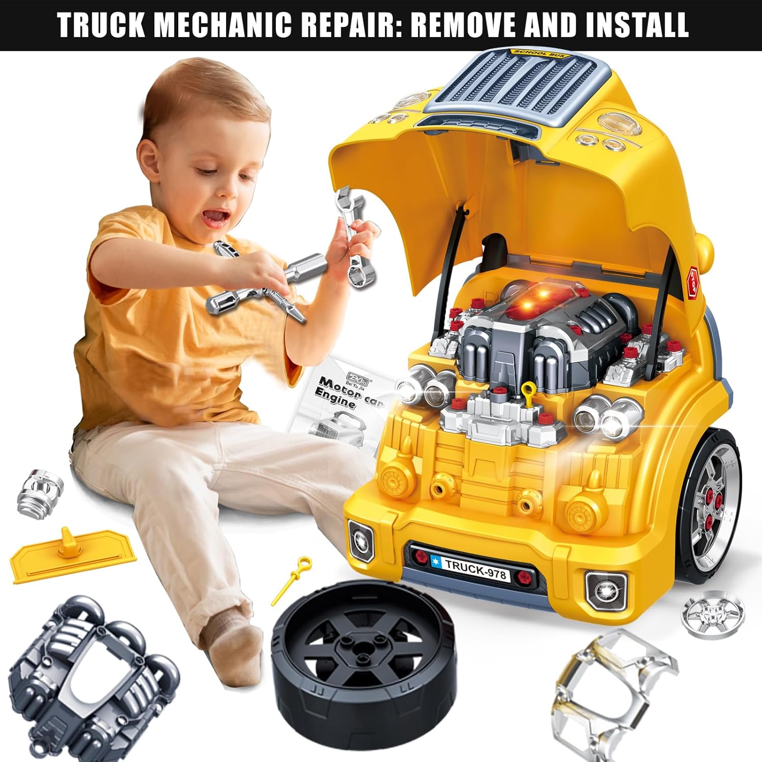MUGEYMYD Large Truck Engine Toy for Kids 3-5, Take Apart Motor Vehicle Pretend Play Car with Light and Sound, Kids Mechanic Workshop Set, Toy Engine Building Kit for Toddlers. · v5