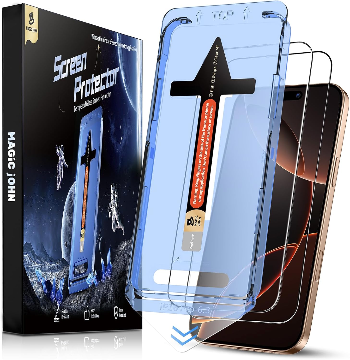 MAGIC JOHN 2 Pack for iPhone 16 Pro 6.3 inch Tempered Glass Screen Protector, Auto Dust-Elimination, Bubble Free, Easy Installation, HD Clear