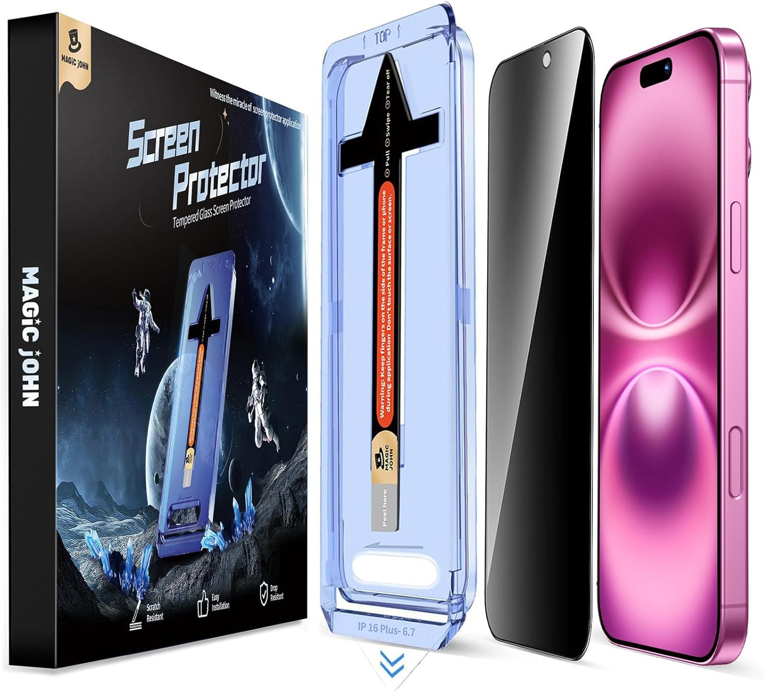 MAGIC JOHN 2 Pack for iPhone 16 Plus 6.7 inch Privacy Tempered Glass Screen Protector, Auto Dust-Elimination, Bubble Free, Easy Installation
