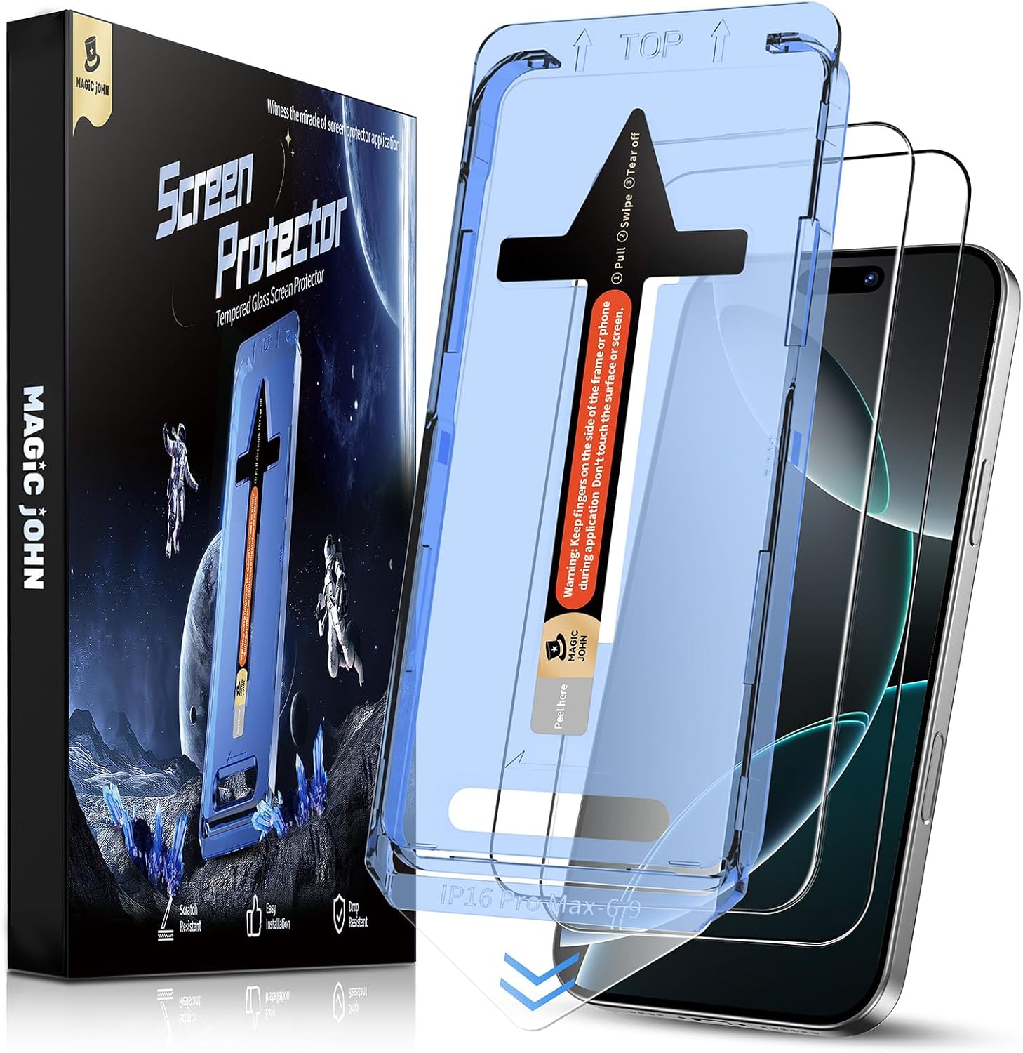 Lot de 2 films de protection d'écran MAGIC JOHN pour iPhone 16 Pro Max en verre trempé de 6,9 pouces, élimination automatique de la poussière, sans bulles, installation facile, HD Clear