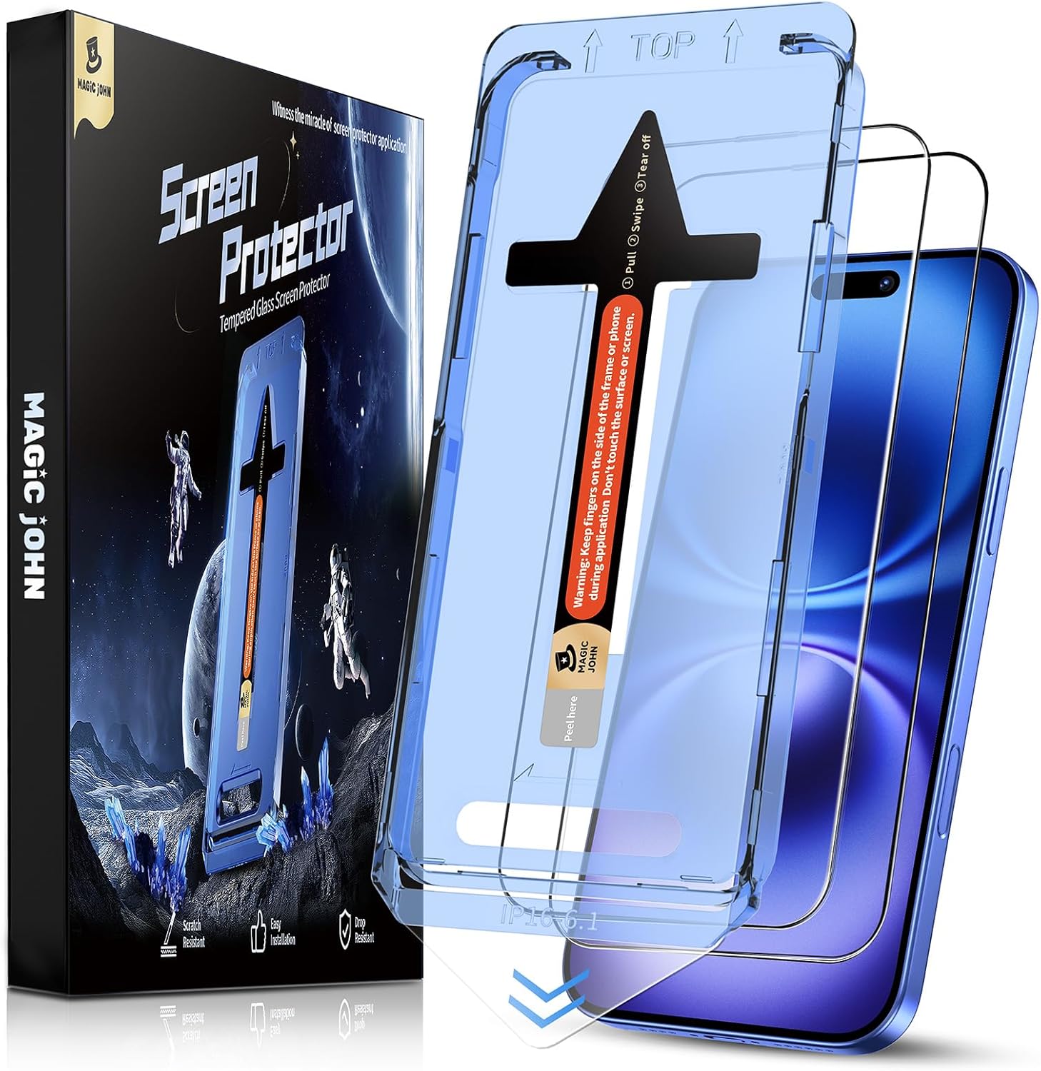 MAGIC JOHN 2 Pack for iPhone 16 (6.1) inch Tempered Glass Screen Protector, Auto Dust-Elimination, Bubble Free, Easy Installation, HD Clear
