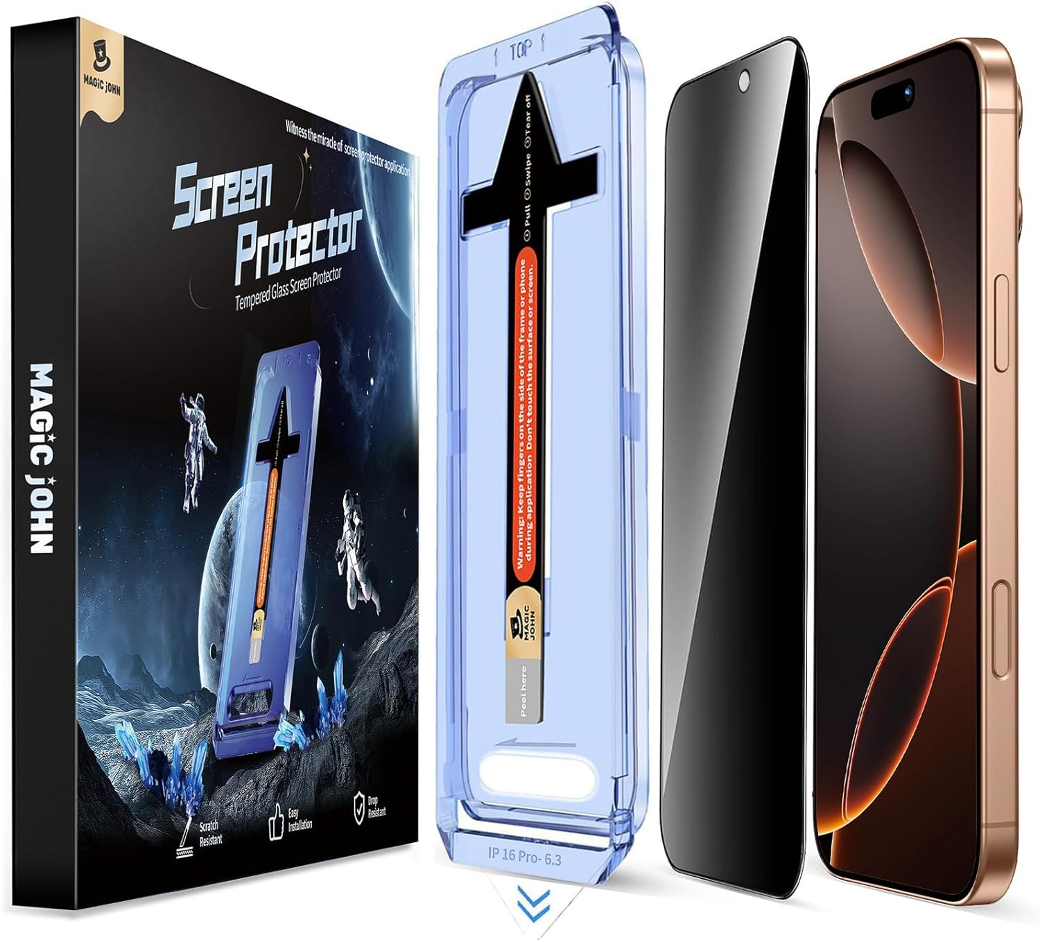 Lot de 2 films de protection d'écran MAGIC JOHN en verre trempé de 6,3 pouces pour iPhone 16 Pro, élimination automatique de la poussière, sans bulles, installation facile