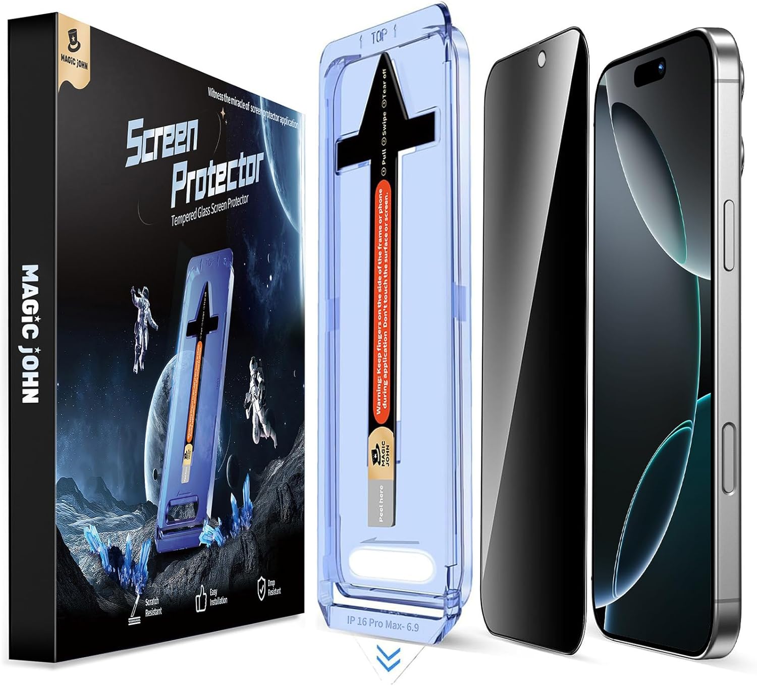 Lot de 2 films de protection d'écran MAGIC JOHN en verre trempé de 6,9 pouces pour iPhone 16 Pro Max, élimination automatique de la poussière, sans bulles, installation facile