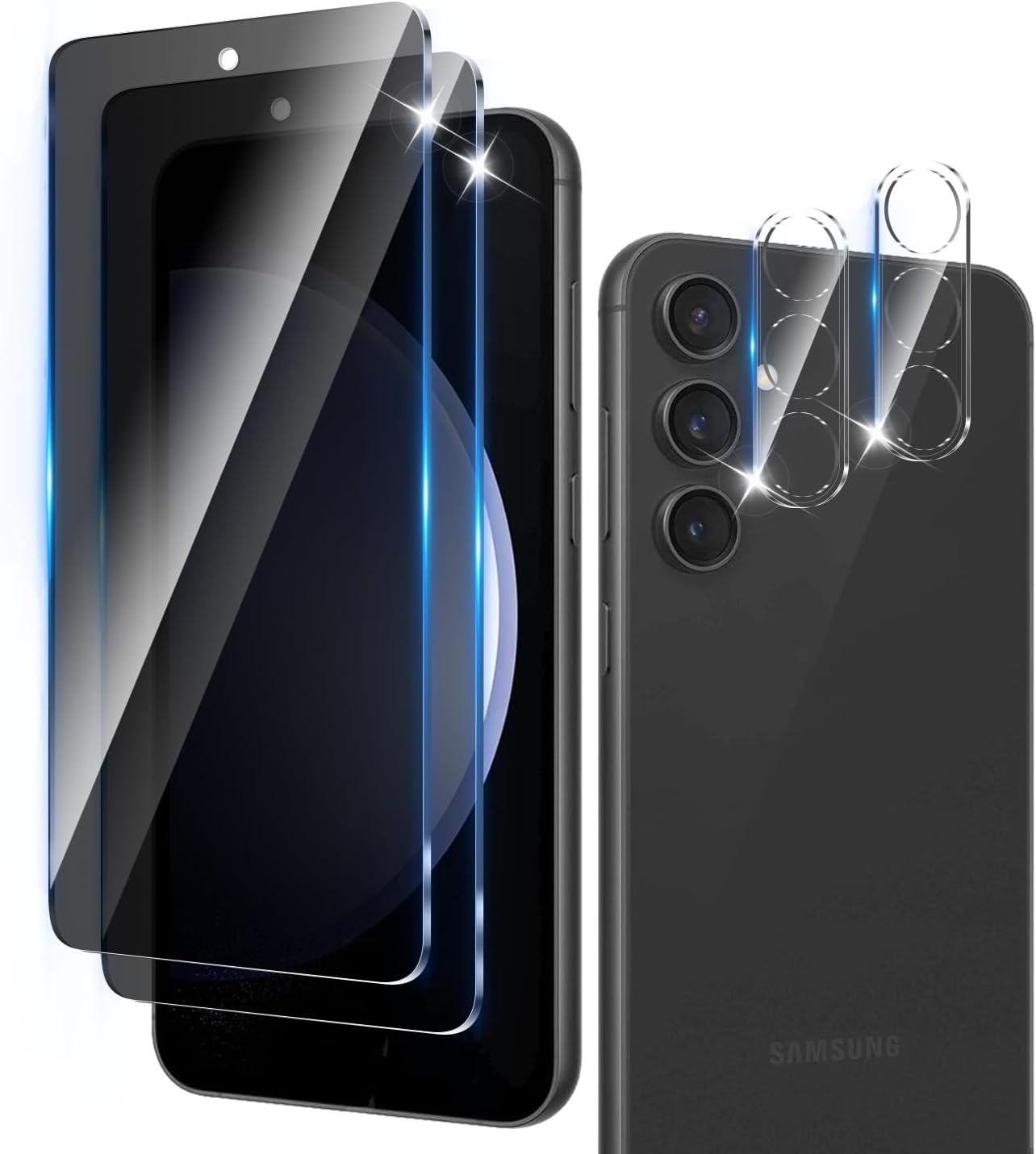 Lot de 2 films de protection d'écran conçus pour le Samsung Galaxy S23 FE avec lot de 2 protecteurs d'objectif d'appareil photo, film en verre trempé anti-espionnage à couverture complète, dureté 9H, sans bulles, facile à installer
