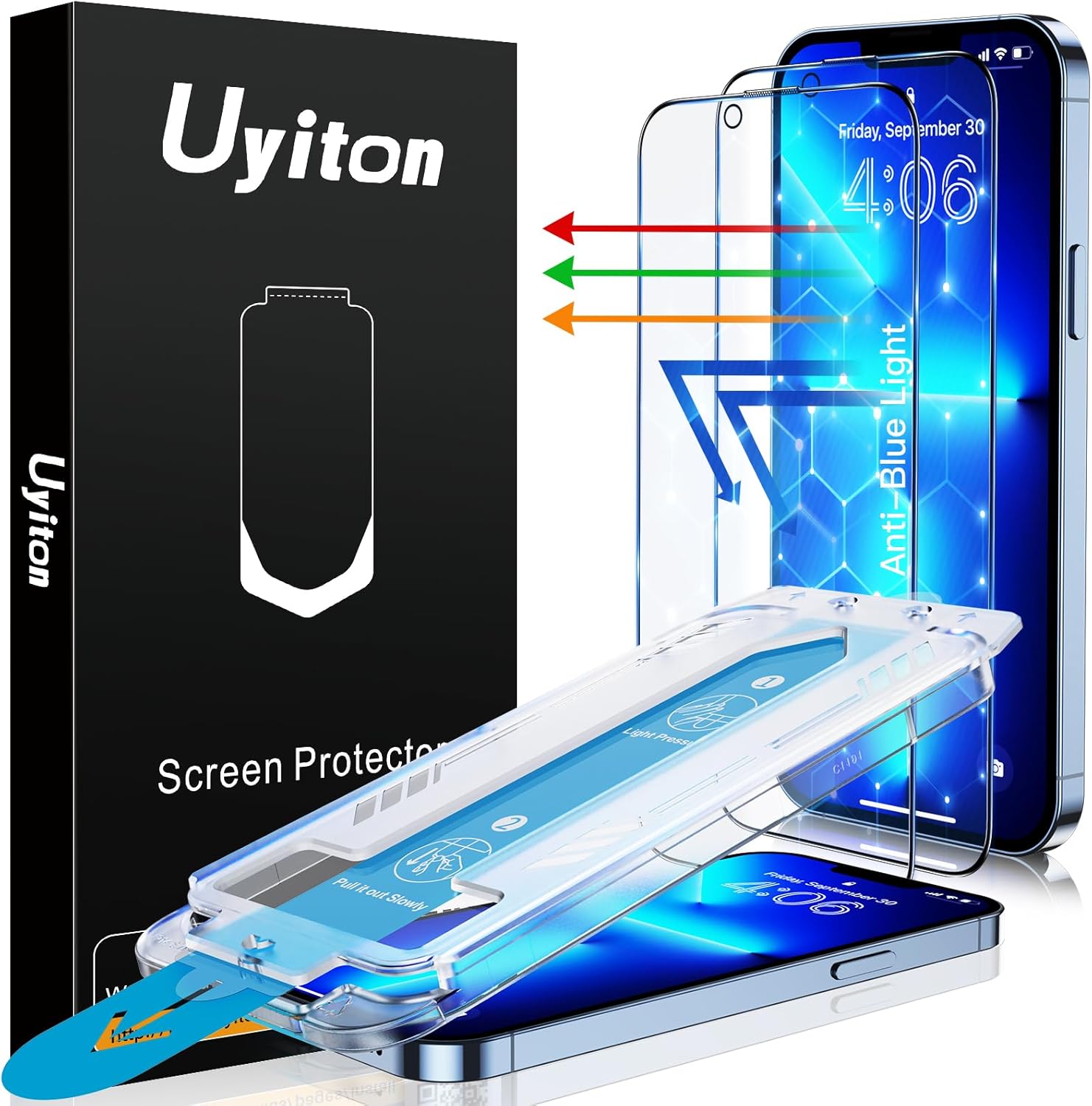 Protecteur d'écran Uyiton pour iPhone 13 Pro Max/14 Plus (anti-lumière bleue) - [Facile à installer] Couverture intégrale incassable [Compatible avec les coques] Protecteur d'écran en verre trempé 9H pour iPhone 13 Pro Max/14 Plus, lot de 2
