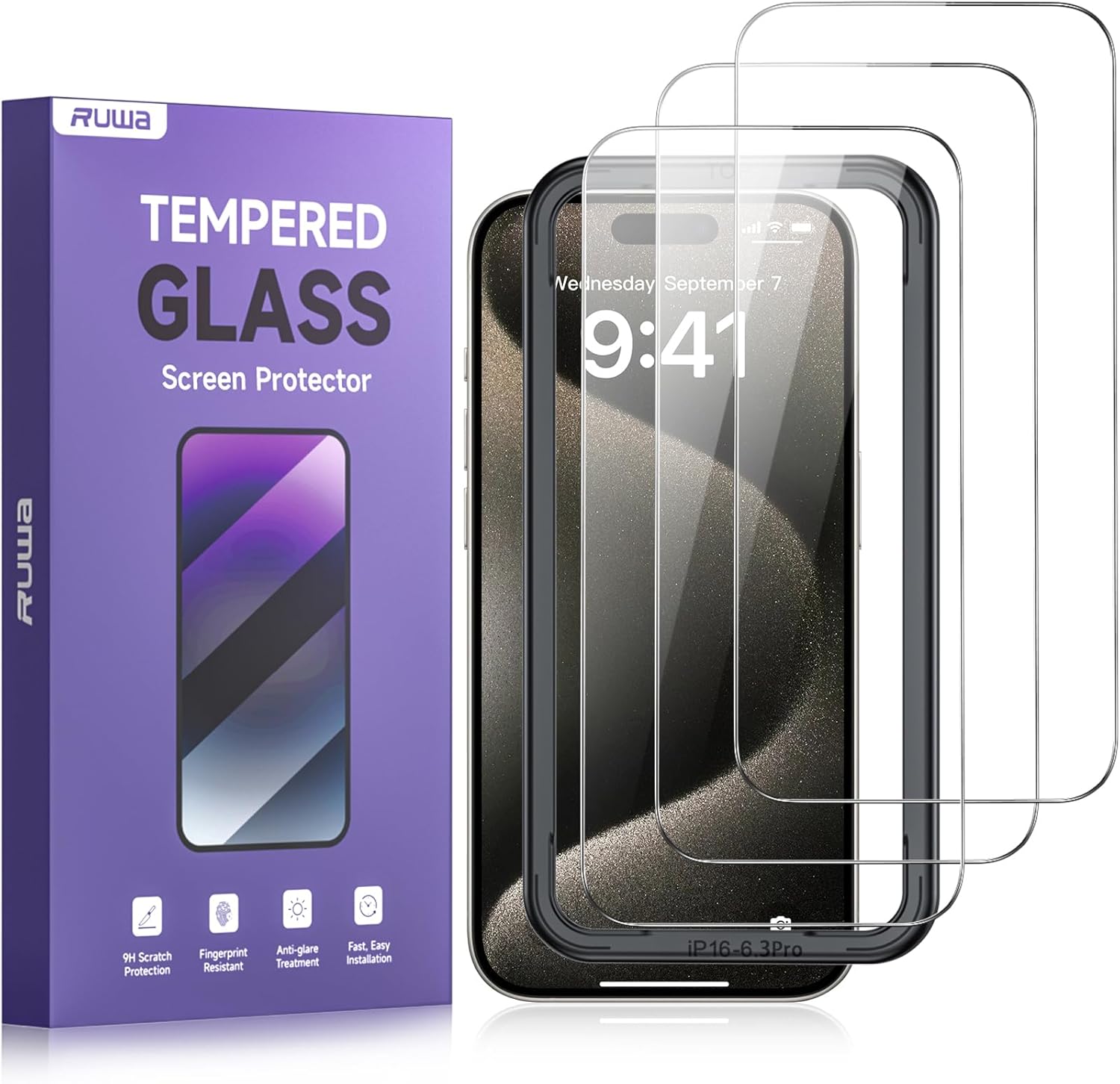 ruwa Screen Protector for iPhone 16 Pro[3-Pack] HD Clear Tempered Glass Film with Easy Installation Frame, Case Friendly
