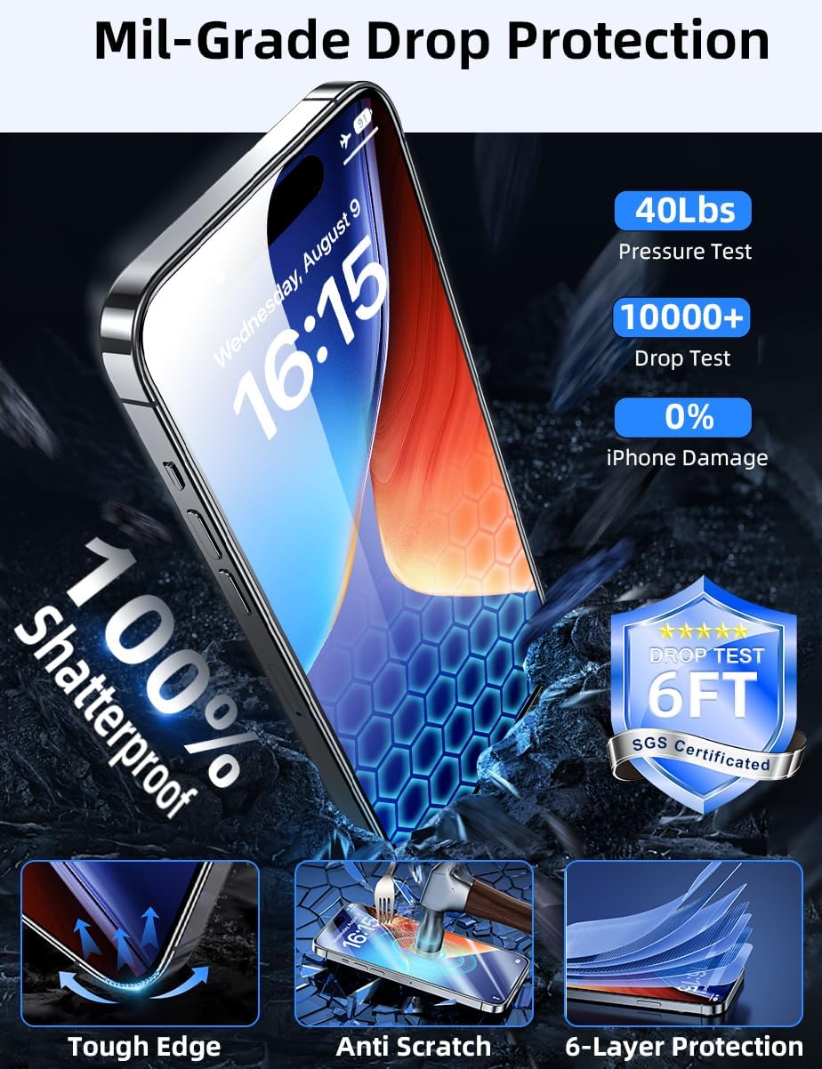 ruwa Screen Protector for iPhone 16 Pro[3-Pack] HD Clear Tempered Glass Film with Easy Installation Frame, Case Friendly