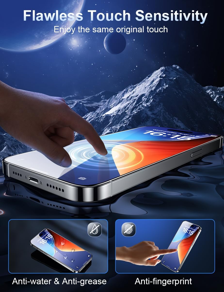 ruwa Screen Protector for iPhone 16 Pro[3-Pack] HD Clear Tempered Glass Film with Easy Installation Frame, Case Friendly
