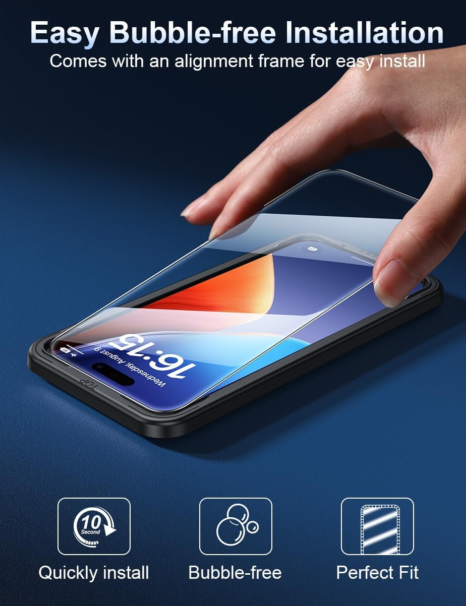 ruwa Screen Protector for iPhone 16 Pro[3-Pack] HD Clear Tempered Glass Film with Easy Installation Frame, Case Friendly