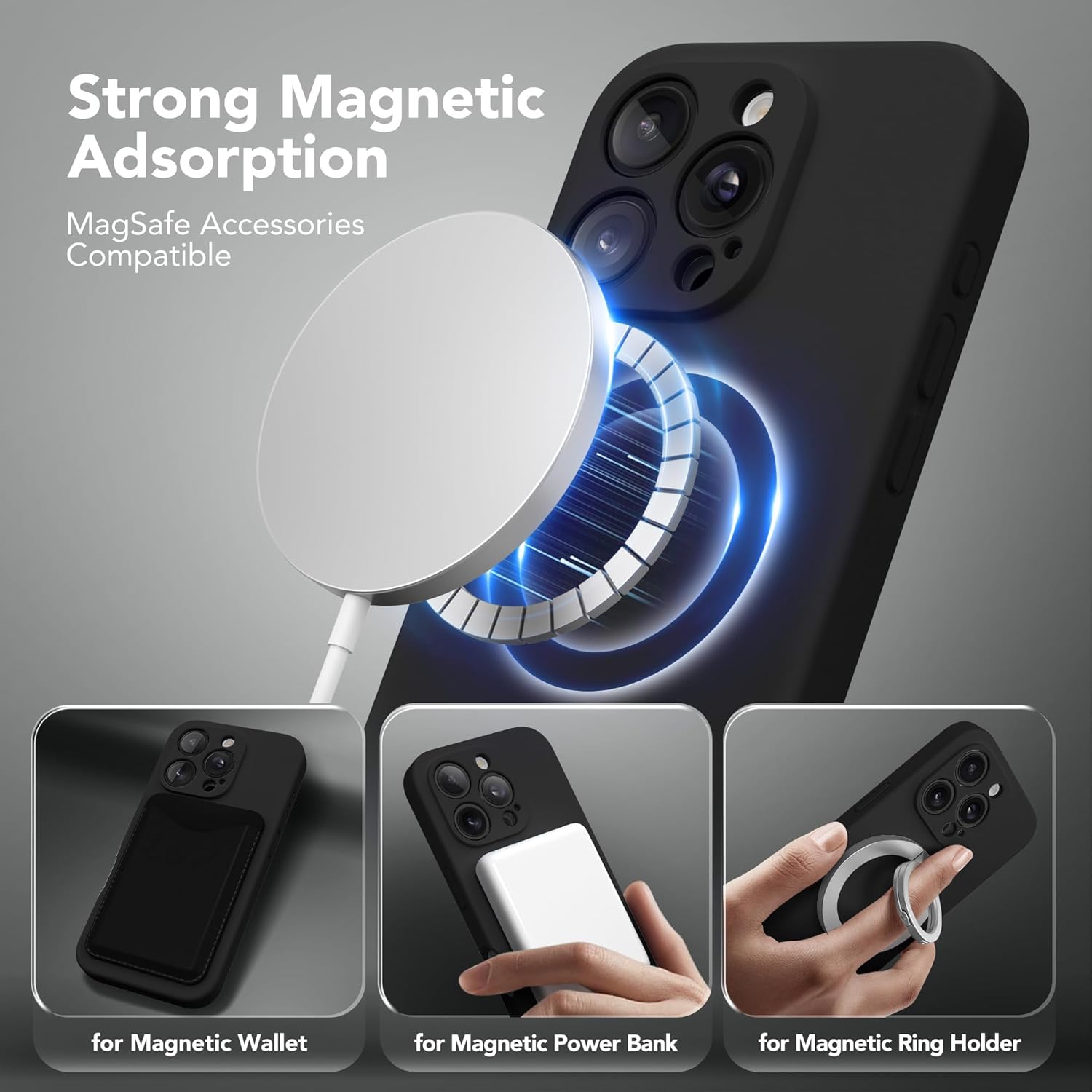 Casing Magnetik untuk iPhone 16 Pro Max, Kompatibel dengan MagSafe, [Perlindungan Kamera Penuh][2 Pelindung Layar] Casing Ponsel Pelindung Silikon Tahan Guncangan untuk iPhone 16 Pro Max 6.9, Hitam
