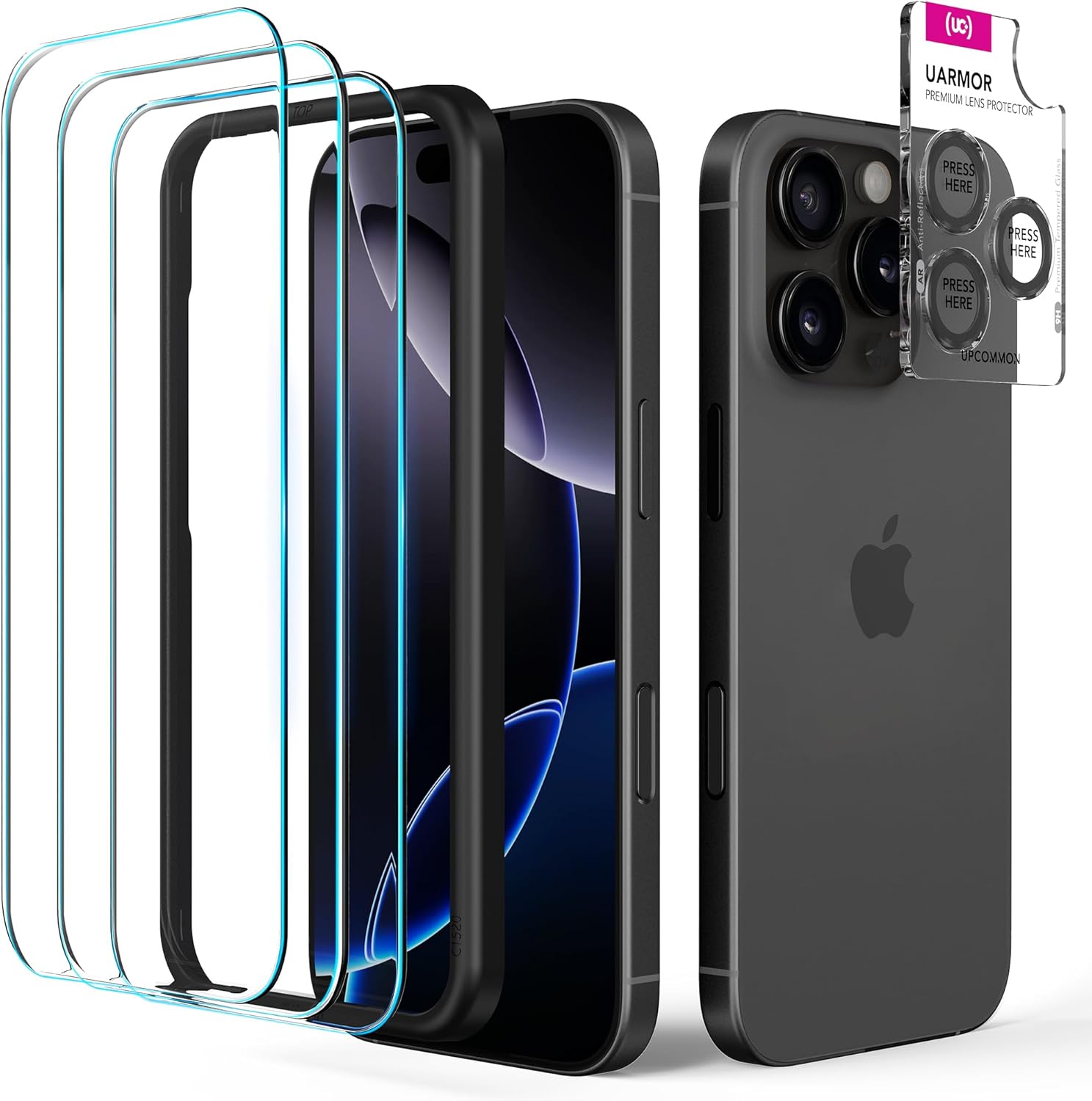 UARMOR ग्लास क्लियर स्क्रीन कैमरा लेंस प्रोटेक्टर [iPhone 16 Pro Max] 9H टेम्पर्ड ग्लास के साथ आसान इंस्टॉलेशन किट के साथ संगत - 3 1 पैक (3 स्क्रीन प्रोटेक्टर, 1 लेंस प्रोटेक्टर सेट)