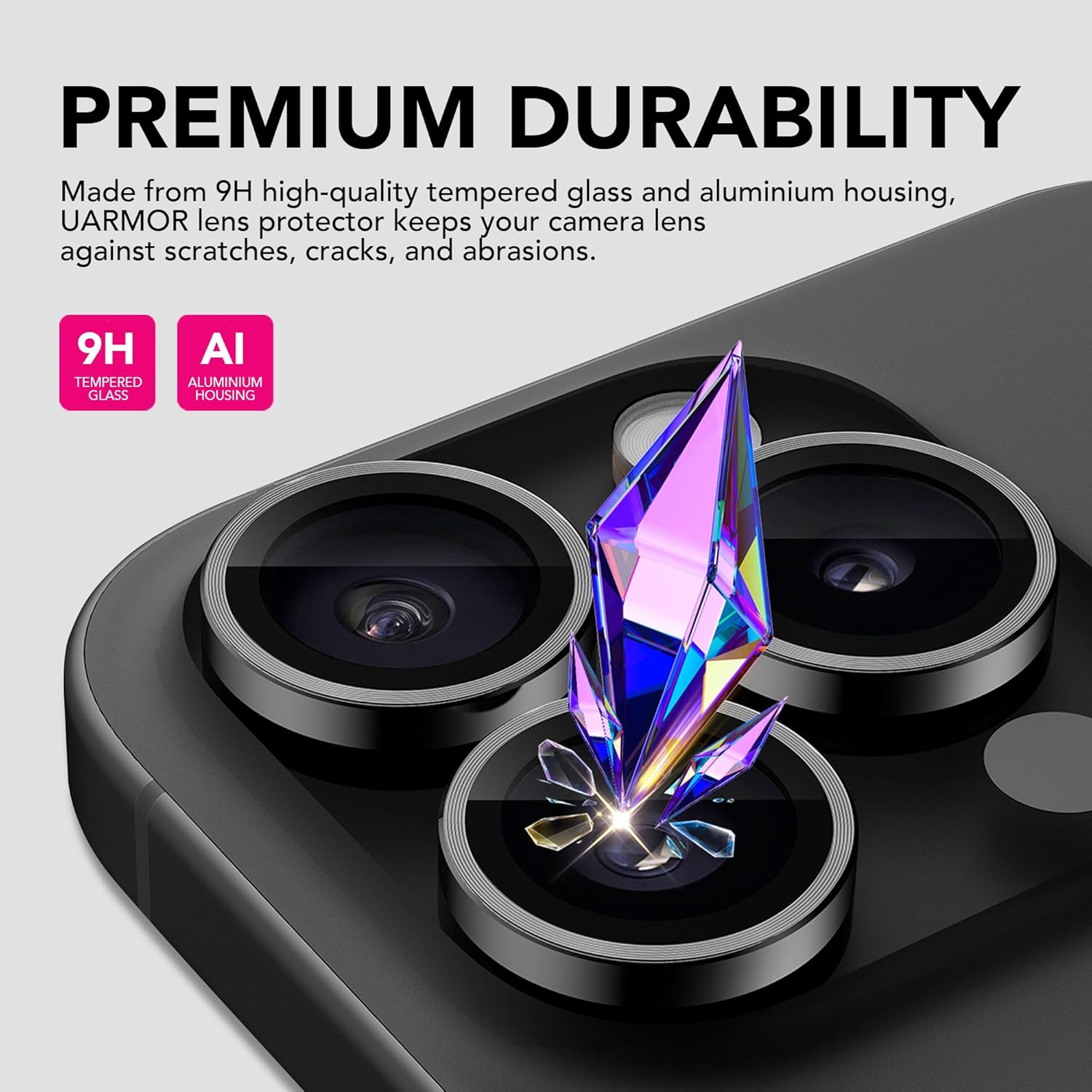 ฟิล์มกันรอยเลนส์กล้องหน้าจอใส UARMOR เข้ากันได้กับ [iPhone 16 Pro Max] กระจกนิรภัย 9H พร้อมชุดติดตั้งง่าย - แพ็ค 3 ชิ้น (ฟิล์มกันรอยหน้าจอ 3 ชิ้น, ชุดฟิล์มกันรอยเลนส์ 1 ชิ้น)
