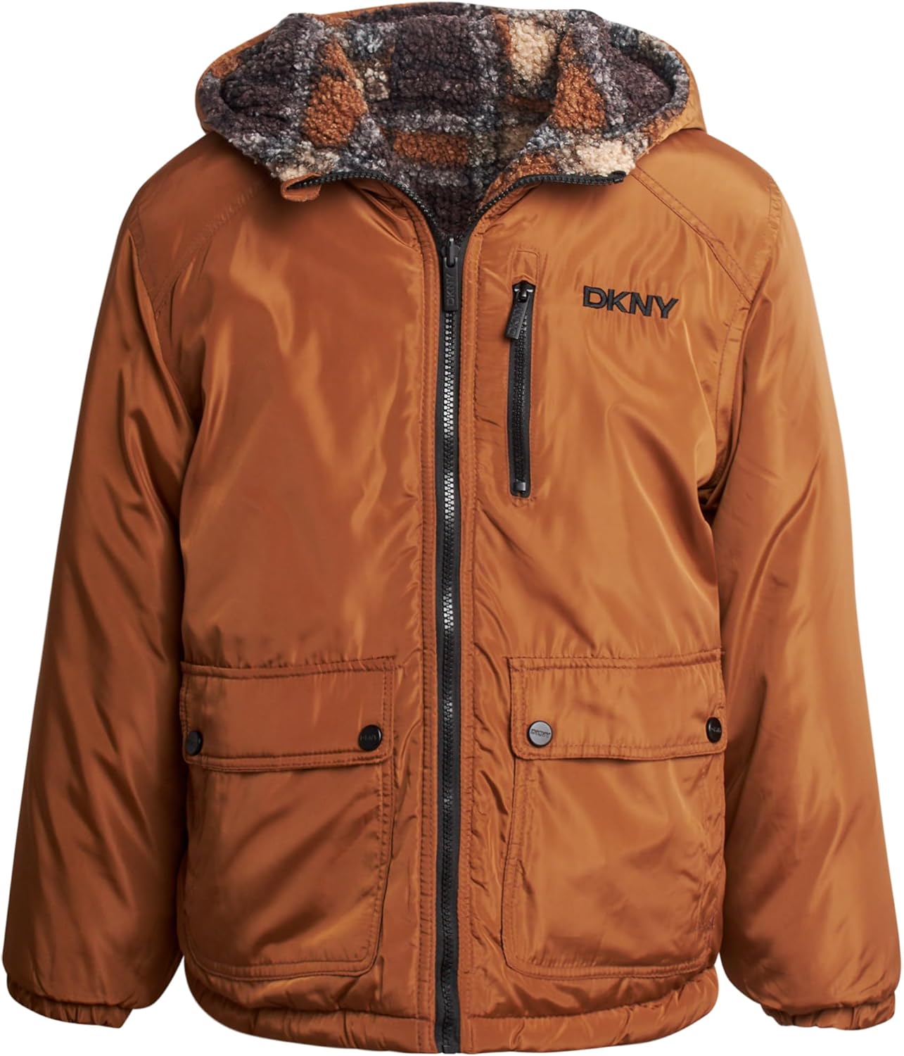 DKNY Boys Puffer Jacket - Двусторонняя стеганая куртка с капюшоном на молнии и клетчатой ​​шерпой зимняя куртка - Верхняя одежда Куртки для мальчиков (8-20)