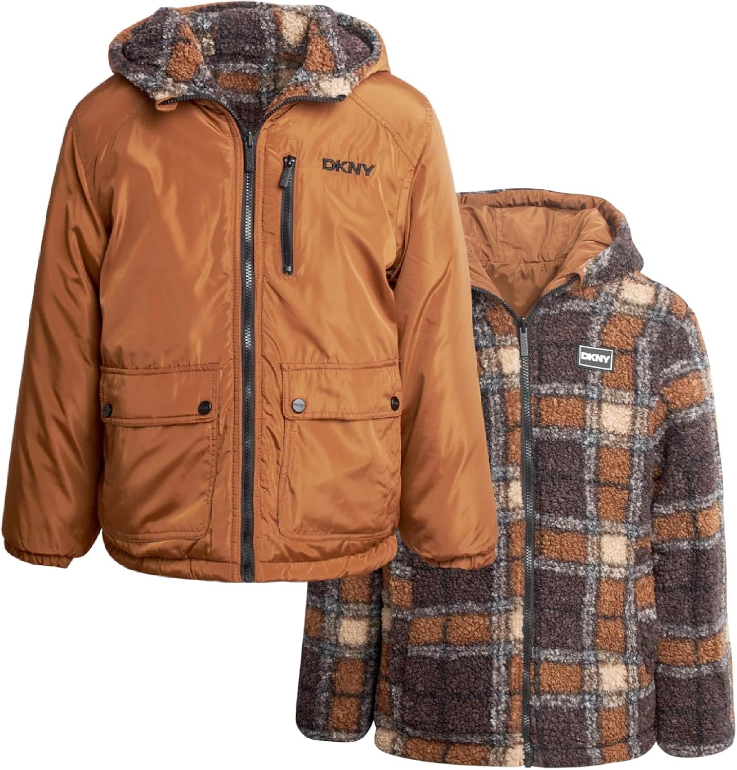 DKNY Boys Puffer Jacket - Zip Up Hooded Reversible Puffer to Plaid Sherpa Winter Jacket - Outerwear Jackets for Boys (8-20)