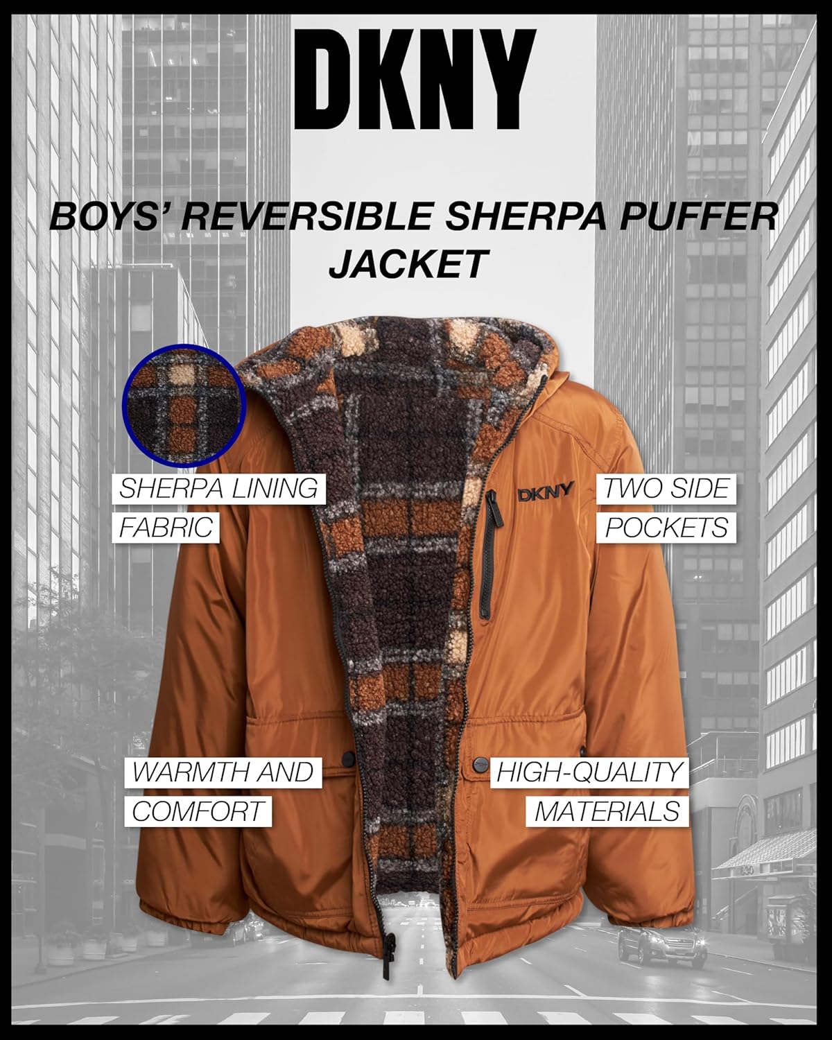 DKNY Boys Puffer Jacket - Zip Up Hooded Reversible Puffer to Plaid Sherpa Winter Jacket - Outerwear Jackets for Boys (8-20)