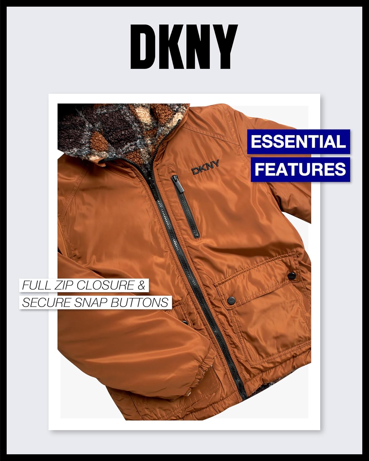 DKNY Boys Puffer Jacket - Zip Up Hooded Reversible Puffer to Plaid Sherpa Winter Jacket - Outerwear Jackets for Boys (8-20)