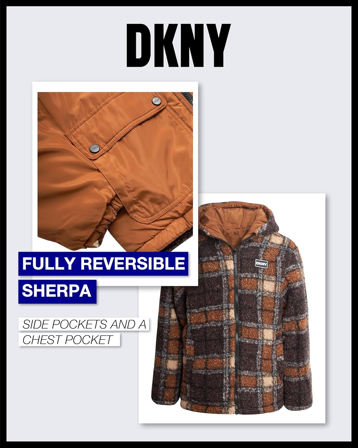 DKNY Boys Puffer Jacket - Zip Up Hooded Reversible Puffer to Plaid Sherpa Winter Jacket - Outerwear Jackets for Boys (8-20)