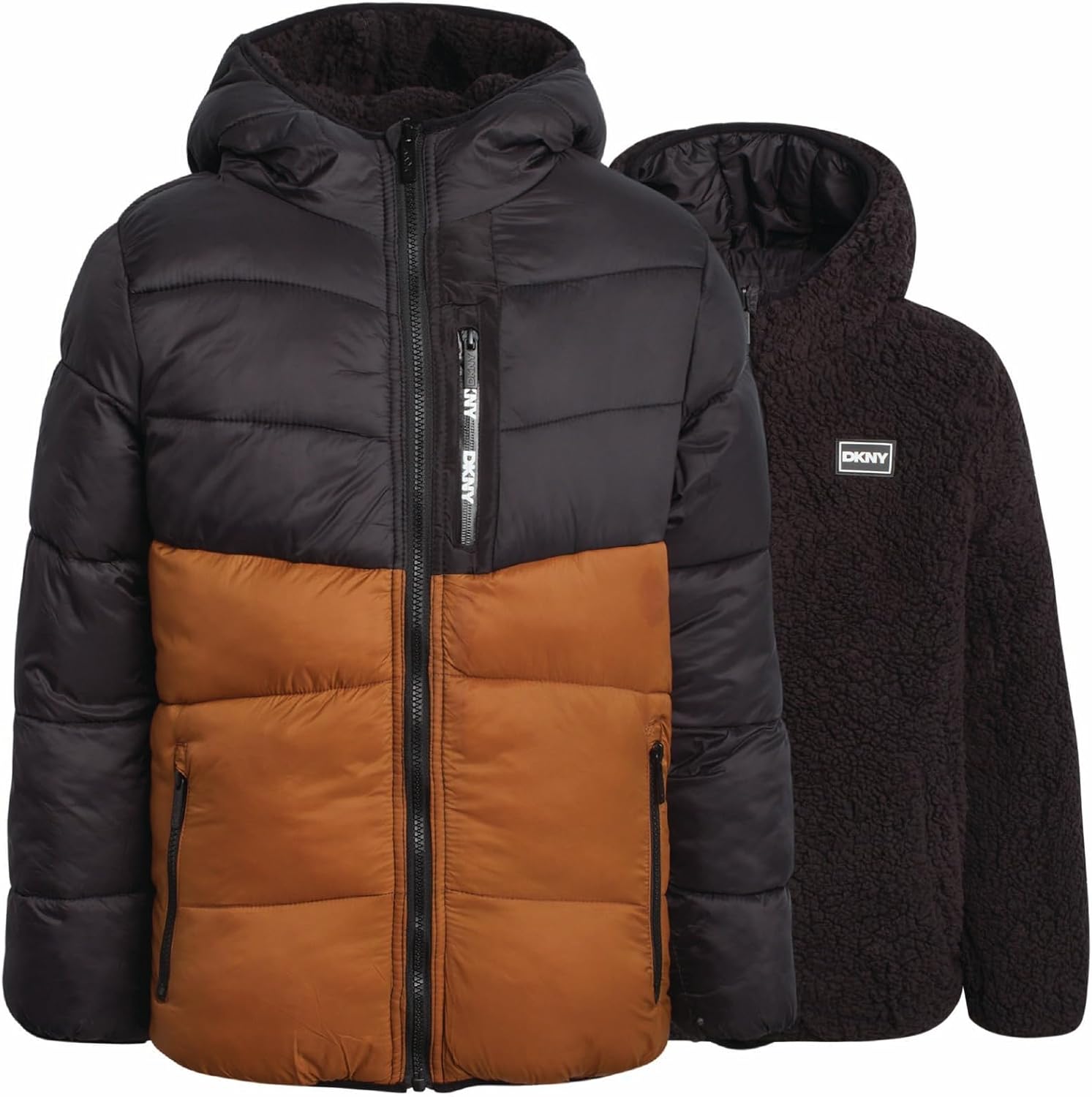 DKNY Boys Puffer Jacket - Full Zip Up Hooded Reversible Puffer to Sherpa Winter Jacket - Heavyweight Jackets for Boys (8-20)