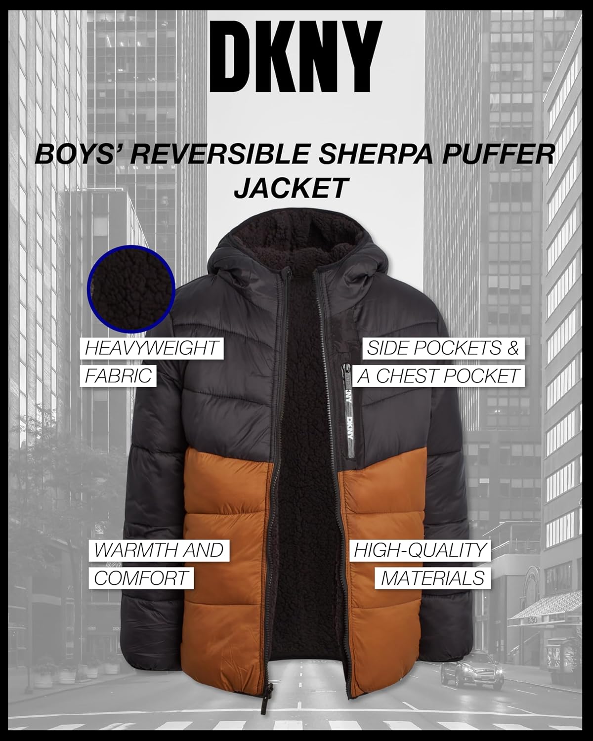 DKNY Boys Puffer Jacket - Full Zip Up Hooded Reversible Puffer to Sherpa Winter Jacket - Heavyweight Jackets for Boys (8-20)