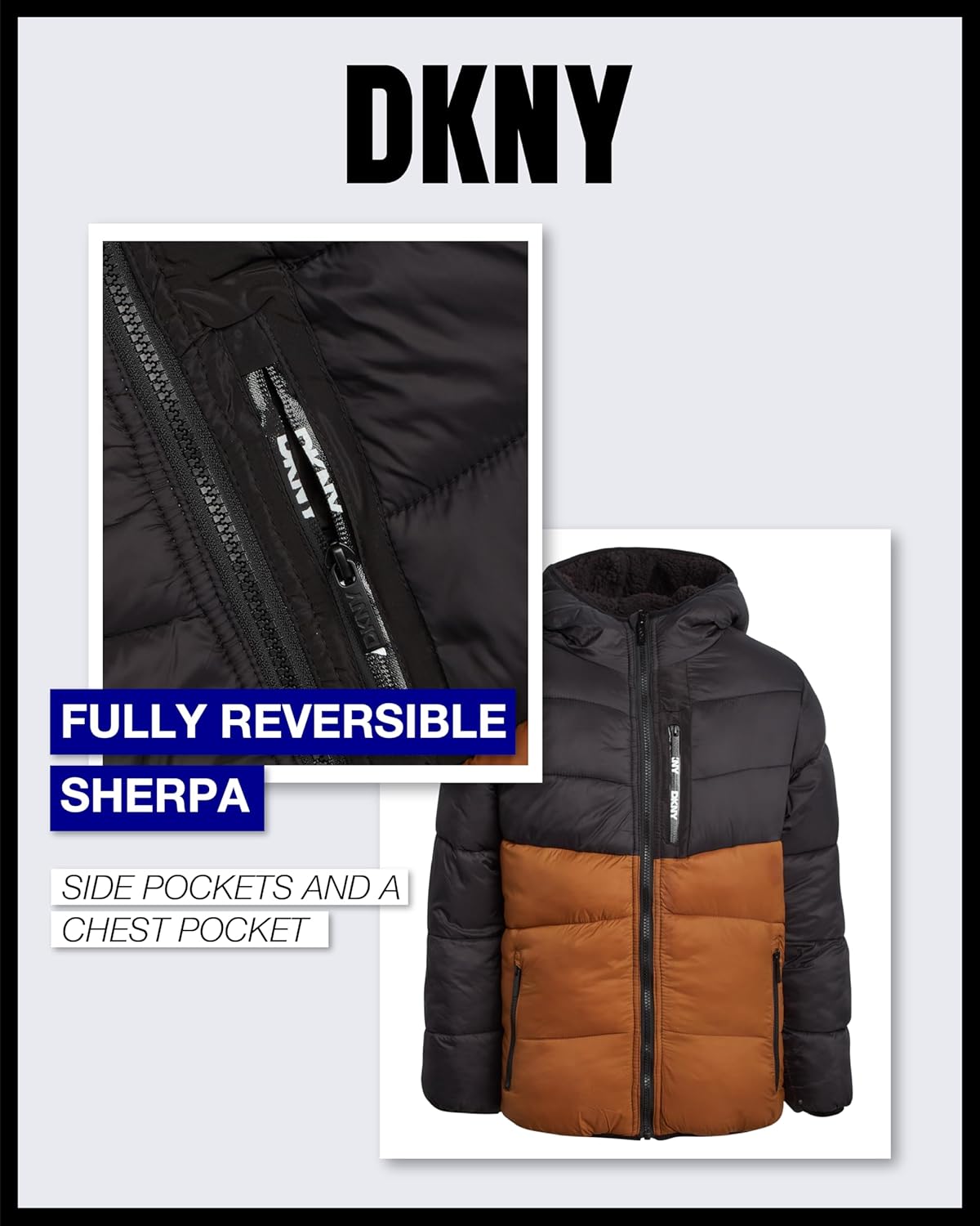 DKNY Boys Puffer Jacket - Full Zip Up Hooded Reversible Puffer to Sherpa Winter Jacket - Heavyweight Jackets for Boys (8-20)