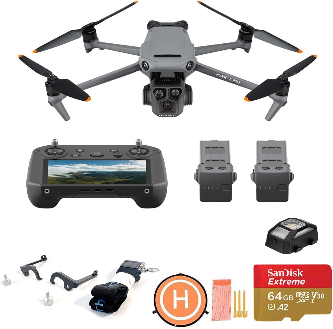 Drone DJI Mavic 3 Pro Fly More Combo con RC Pro, pacchetto con sistema di montaggio con cordino LiftHor Claw, landing pad, luce stroboscopica e scheda SD da 64 GB