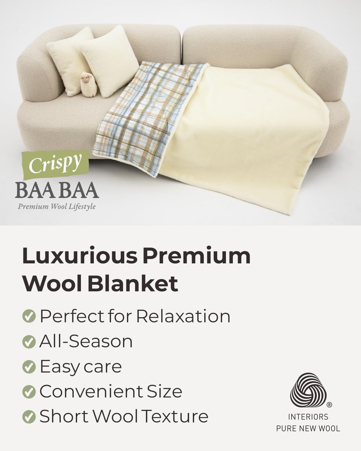 CRISPY BAA BAA- 100% Wool Korean Cabin Blanket London Fog 51 70" - Cozy Fleece Blankets for Adults Thick Heavy Soft Ideal for All Seasons Living Room Camping · v4