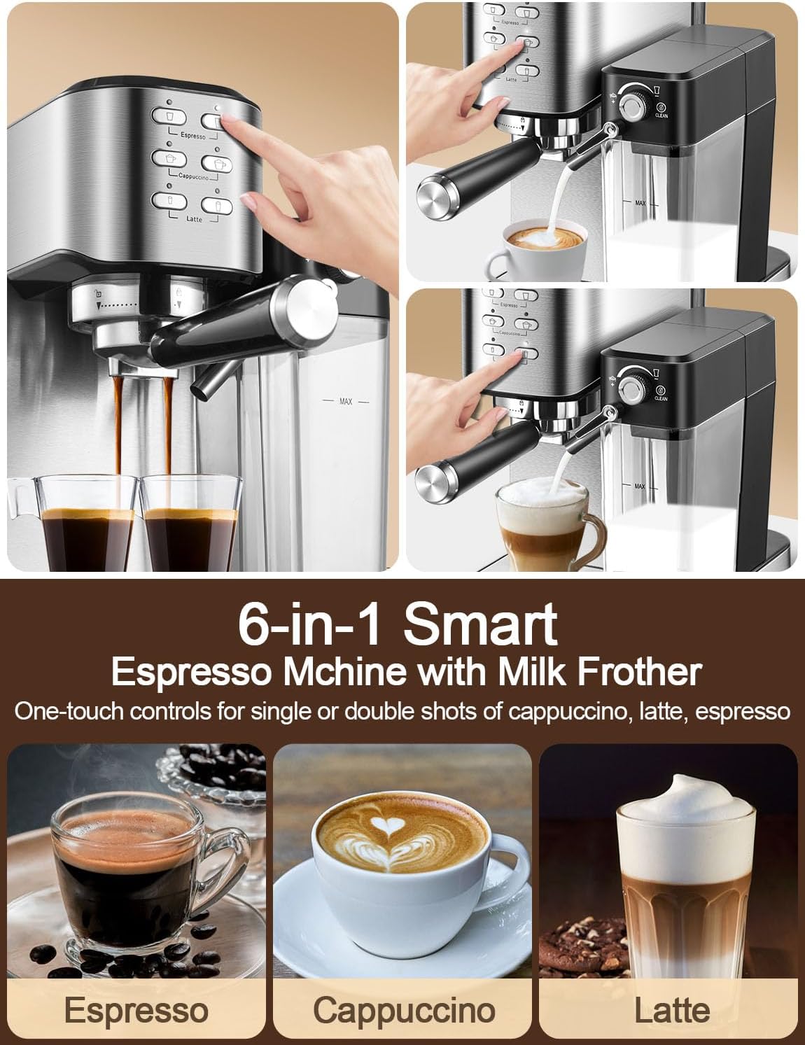 เครื่องชงกาแฟเอสเพรสโซพร้อมเครื่องตีฟองนมอัตโนมัติ 6 in 1 20 บาร์ เครื่องทำกาแฟเอสเพรสโซ คาปูชิโน ลาเต้ พร้อมอ่างเก็บน้ำนมแบบถอดได้ 24 ออนซ์ เหมาะสำหรับใช้ในบ้าน